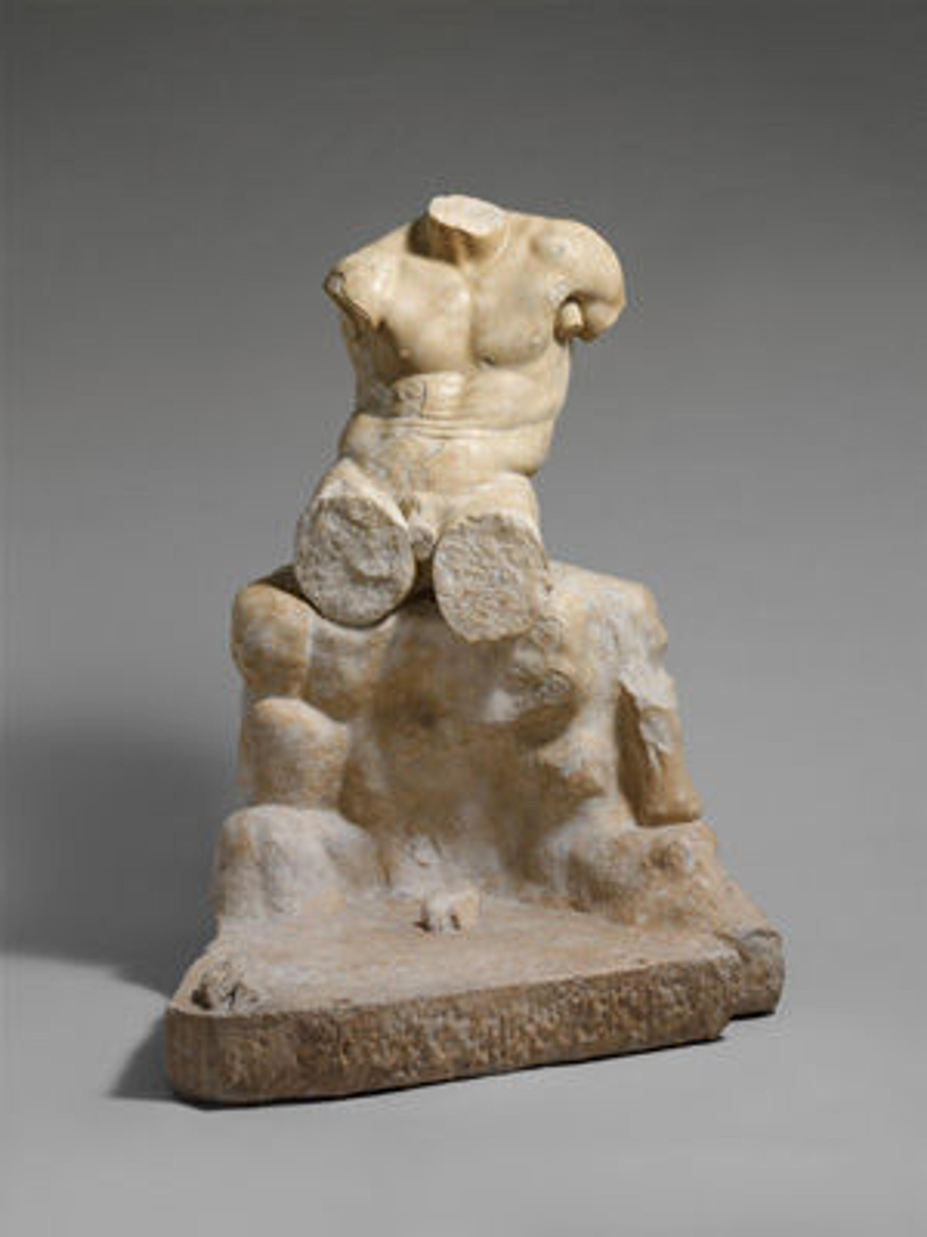 Statue of Herakles Seated on a Rock, Roman, Imperial period, 1st or 2nd century A.D., adaptation of a bronze statue attributed to Lysippos, marble.