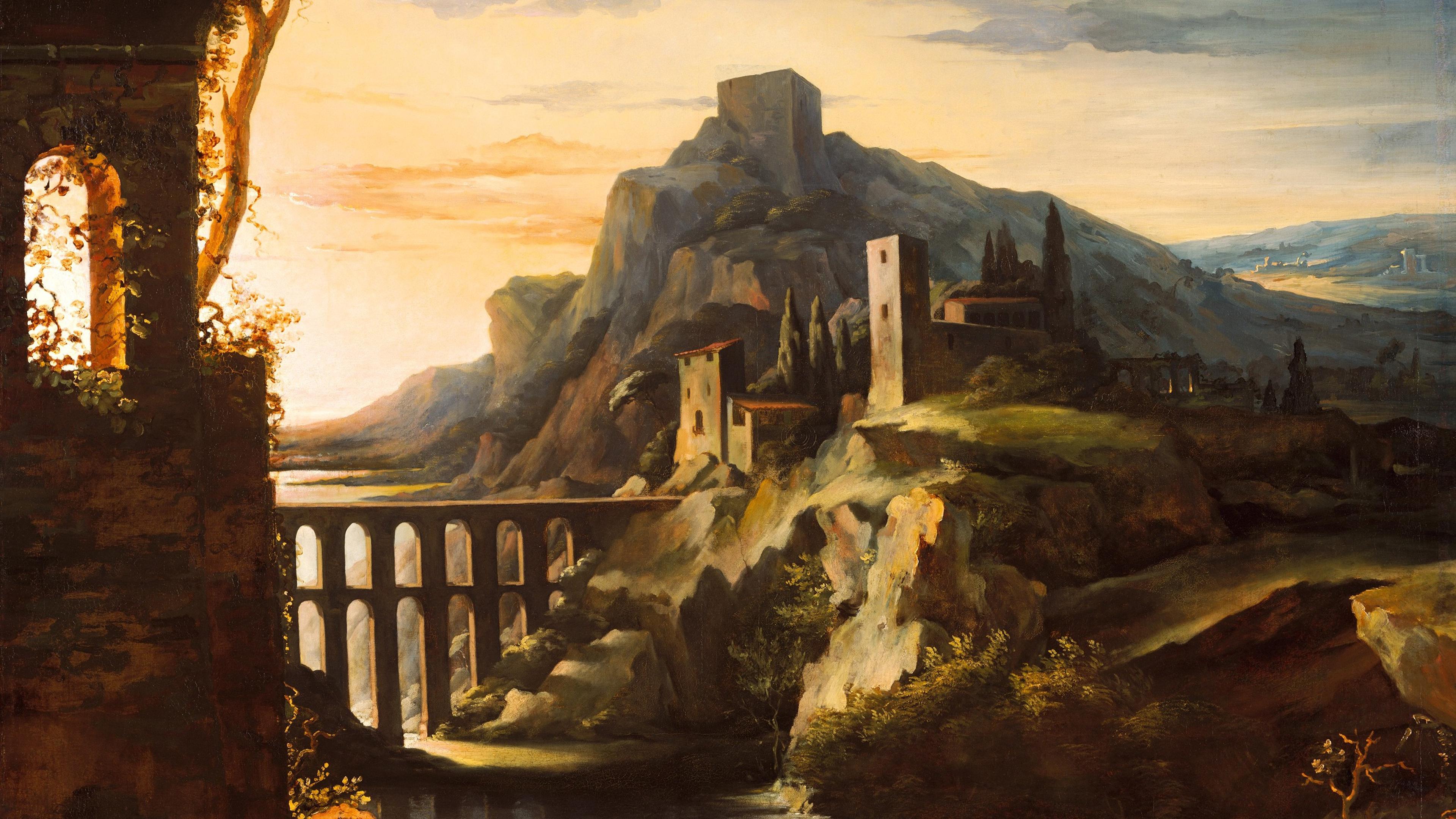 Pale orange sunlight glows from the lefthand side of this landscape painting, backlighting an arching aqueduct and settlement with tall stone houses.