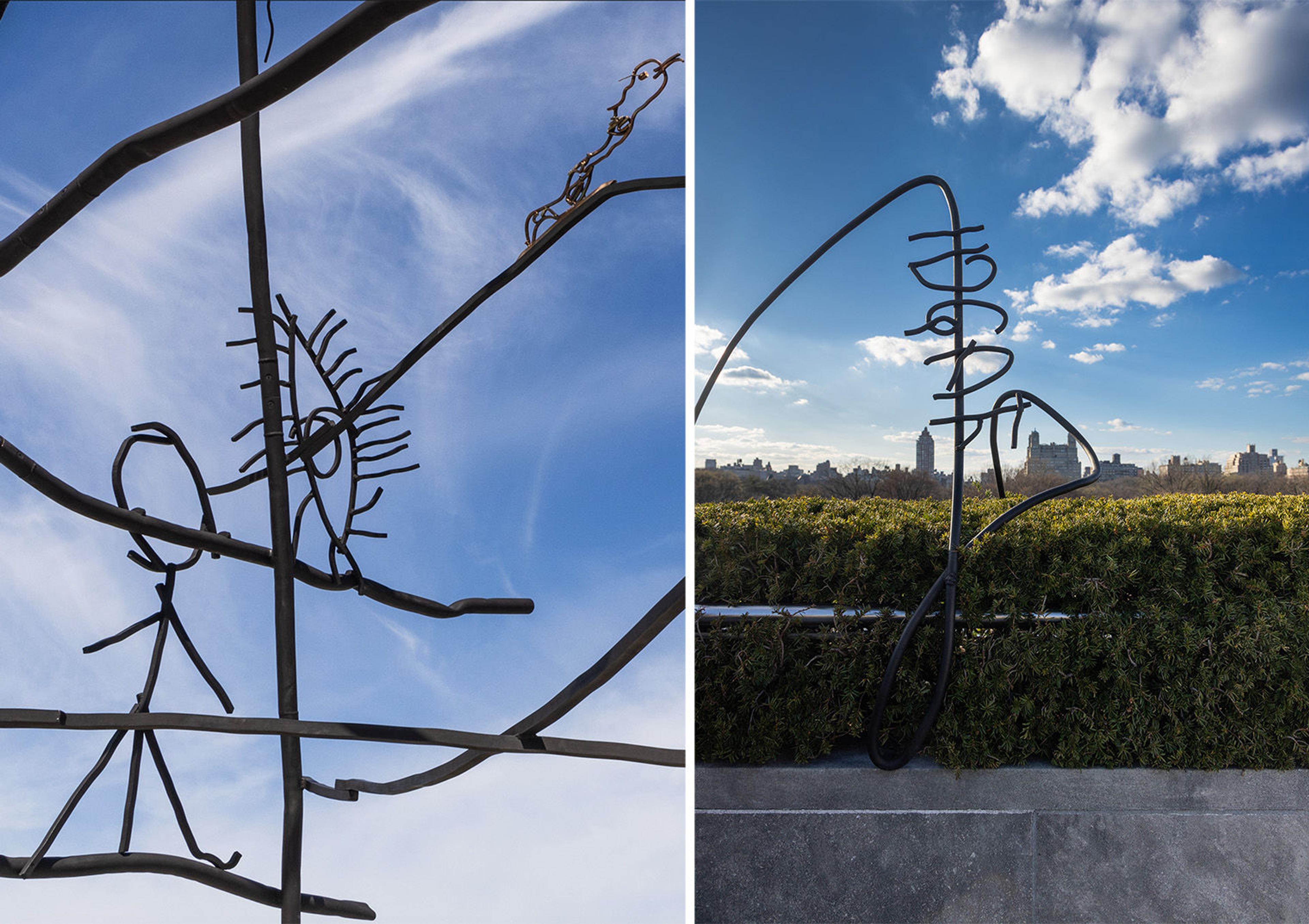 Composite of two metal sculptures.