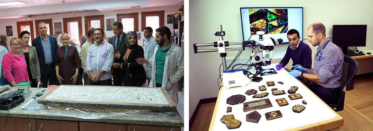 Two scenes showing cultural heritage preservation: on the left, a diverse group gathers around a stone artifact in a workshop; on the right, two conservators examine intricate inlaid pieces under a microscope in a lab setting.