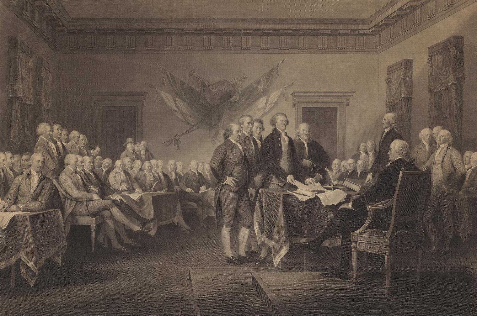 A historic scene of men in 18th-century attire signing a document in an ornate room.