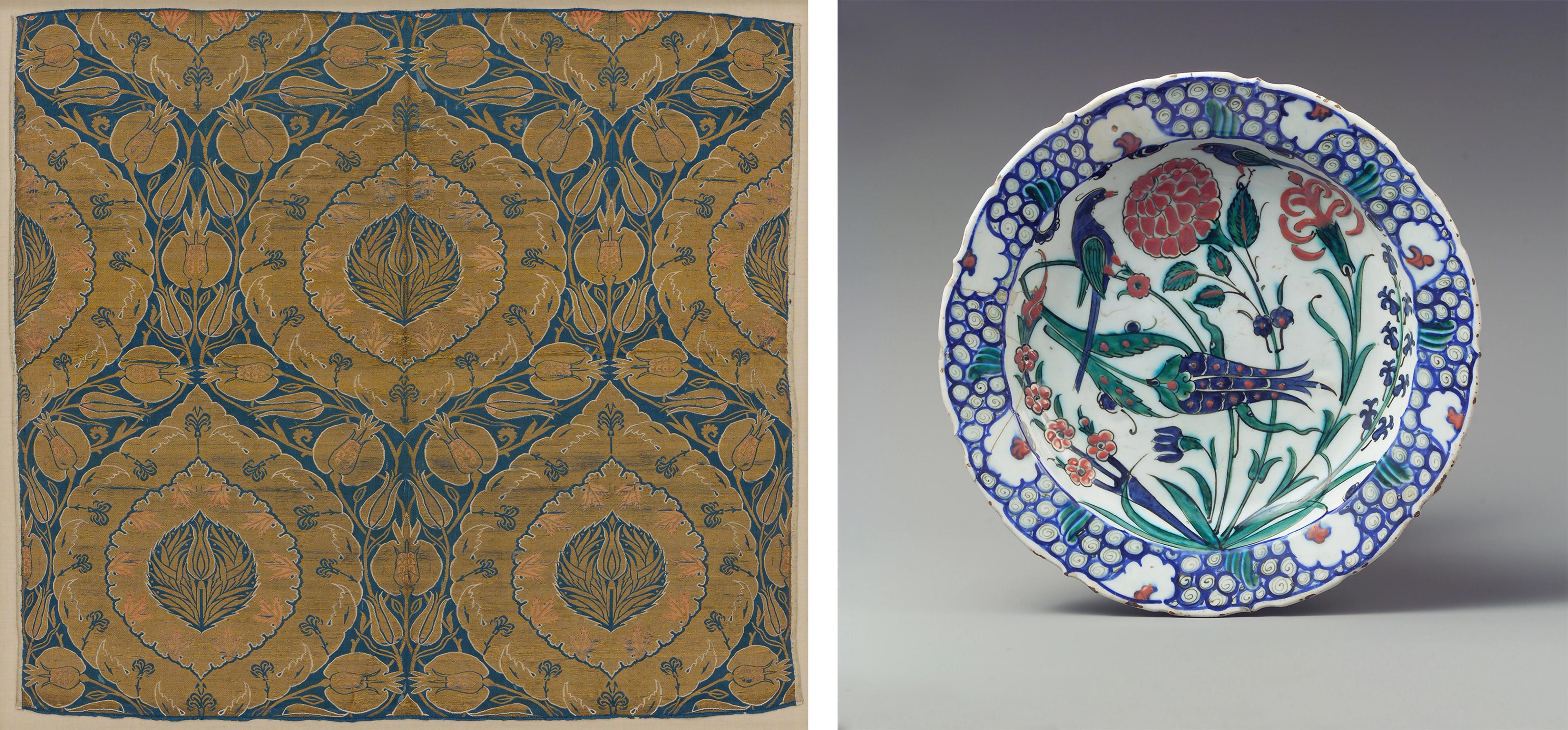 Diptych of two art objects. At left, a square fabric panel with intricate leaf and vine motifs. At right, a blue and white bowl with flowers and birds