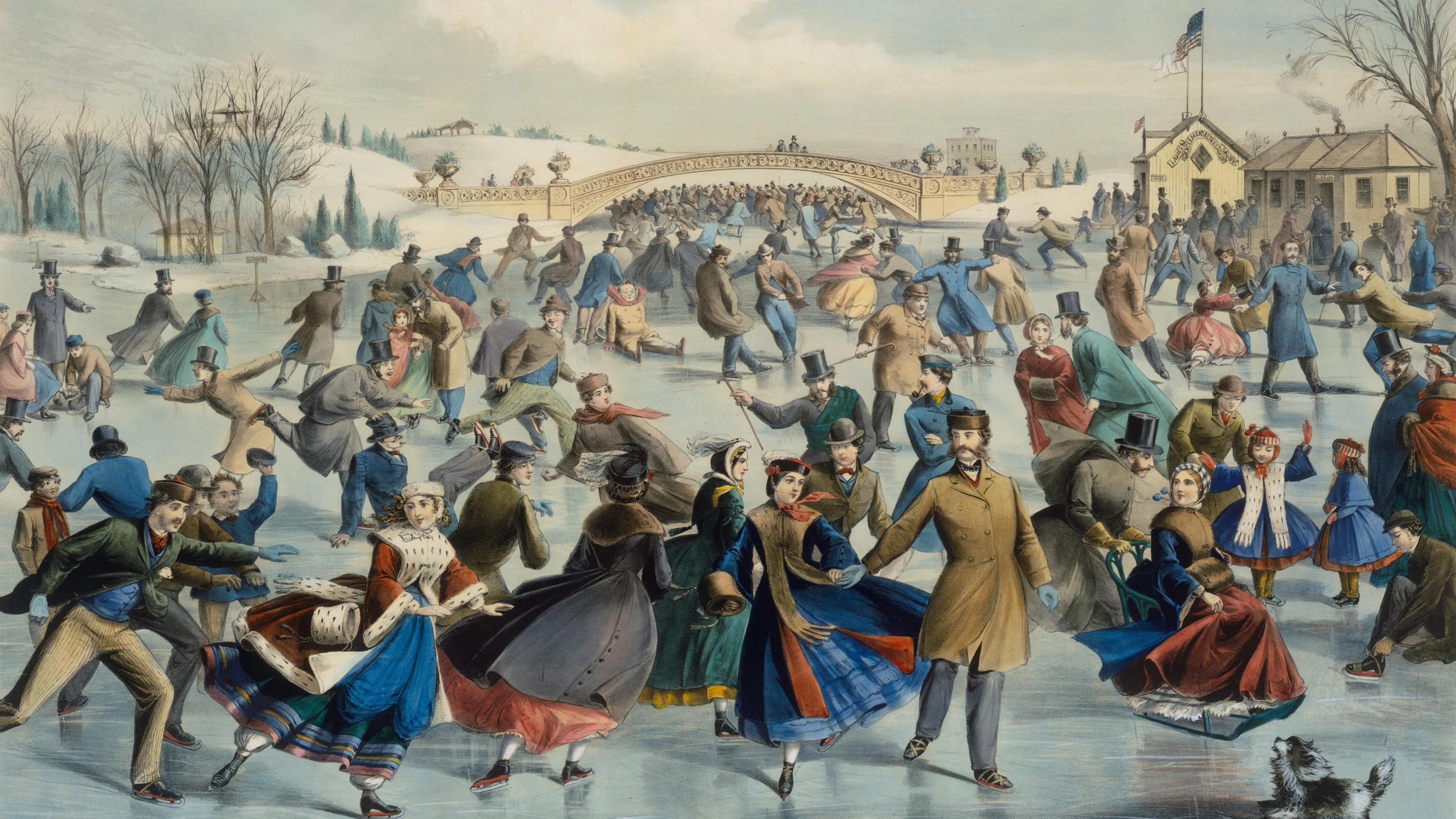A colorful, lively scene of a frozen-over pond crowded with ice skaters.