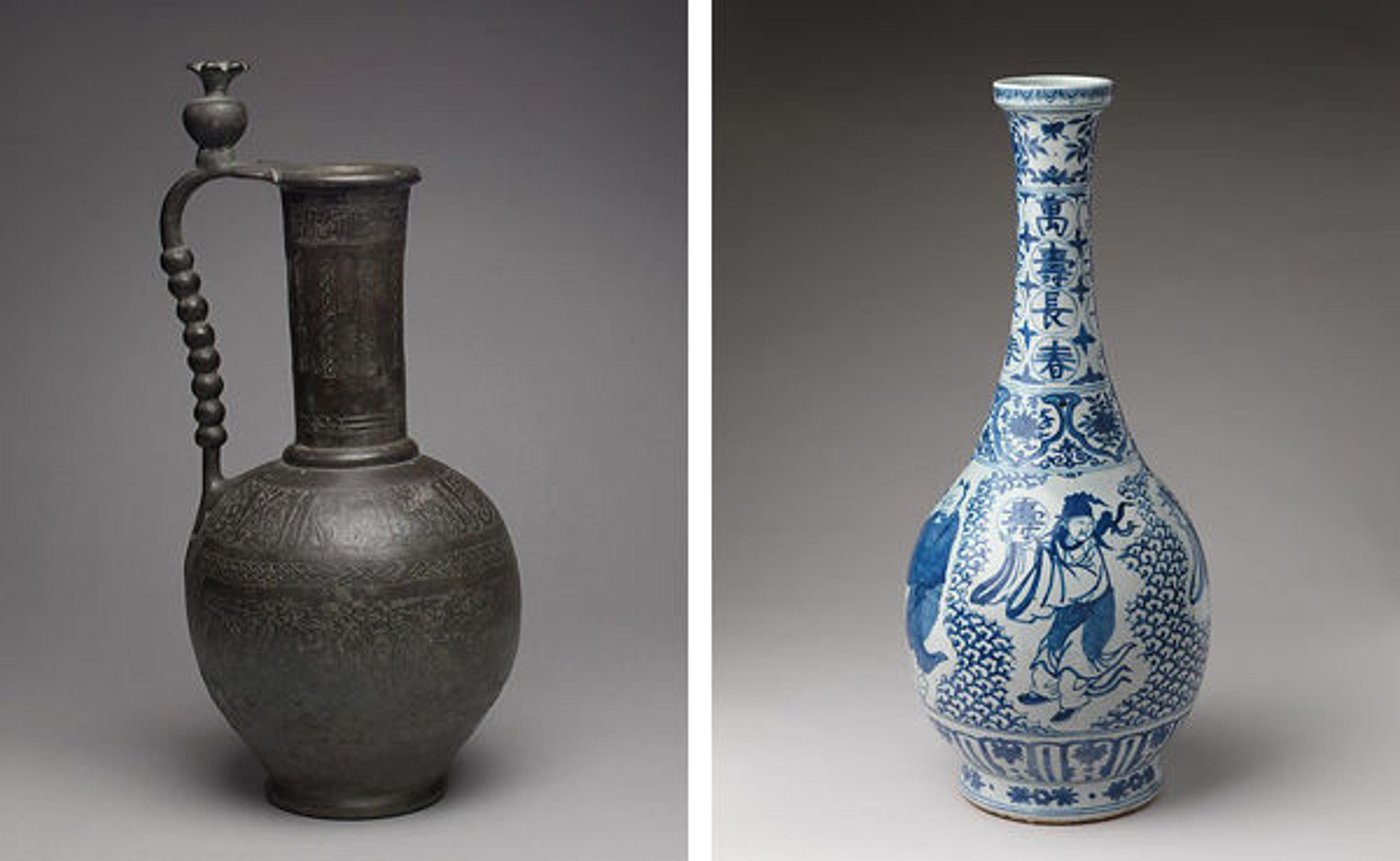 The transference of the use of banding and creation of friezes can be seen in this comparison of an eleventh-century Islamic ewer and a later sixteenth-century Chinese vase. Left: Ewer with inscriptions and hunting scenes, 11th century. Iran, Nishapur. Bronze; cast, engraved. The Metropolitan Museum of Art, New York, Rogers Fund, 1938 (38.40.240). Right: Bottle with Daoist immortals, late 16th–17th century. Ming Dynasty (1368–1644), Wanli period (1573–1620). China. Porcelain painted with cobalt blue under transparent glaze (Jingdezhen ware). The Metropolitan Museum of Art, New York, Rogers Fund, 1916 (16.61)