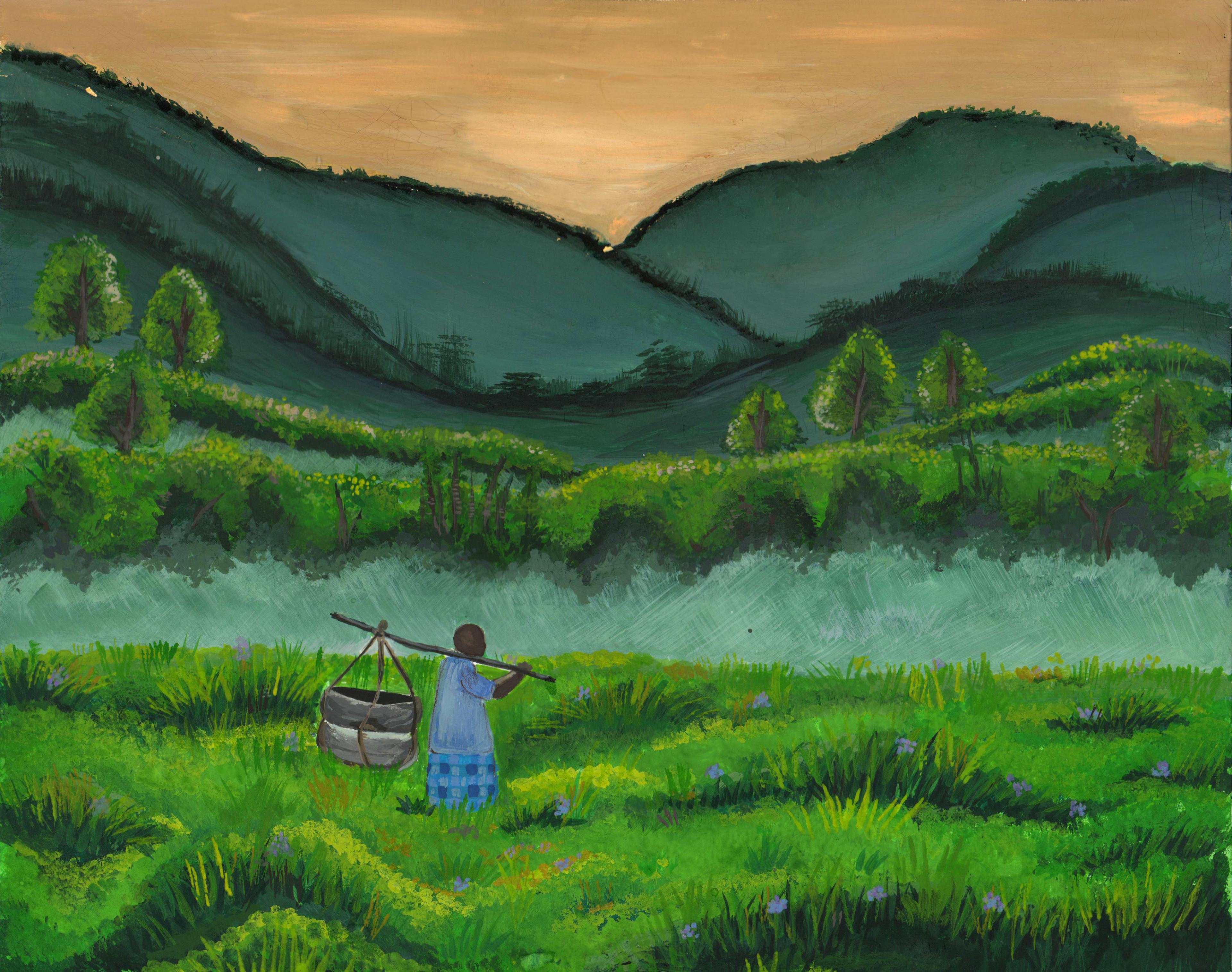 Gouache painting of a farmer walking through a large green field from left to right, carrying a large basket balancedon over one shoulder by a long stick held in the right hand. Behind the green field, a short and shallow elevated cliff leads to receding green pastures and dark green mountains in the distance. The sky above the mountains is a warm orange.