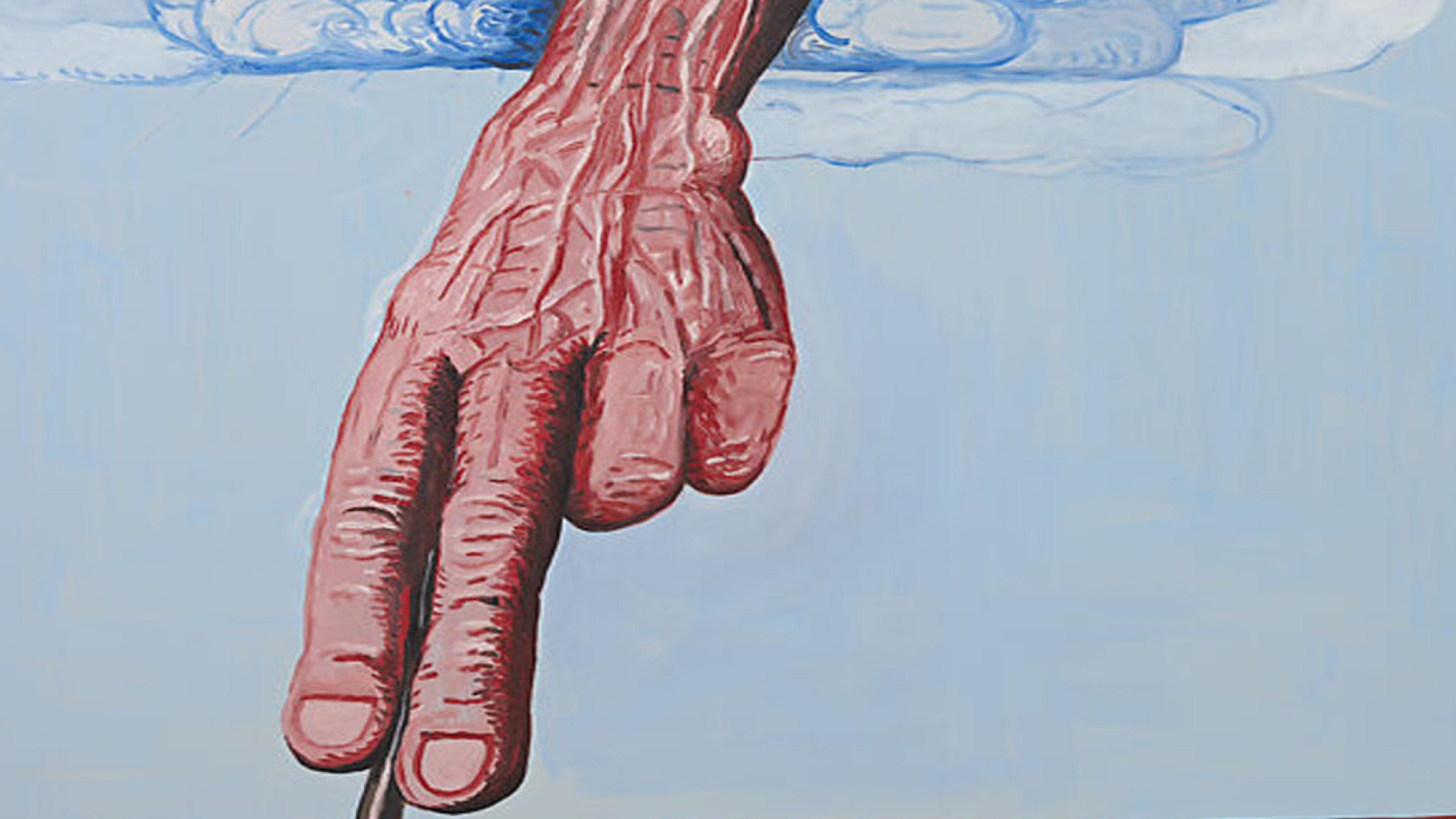 A veiny, reddish fist with outstretched pointer and middle fingers reaches downward from blue clouds