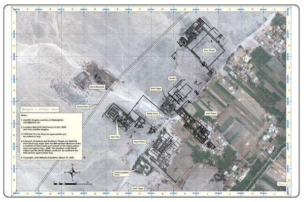 Map of the palace city of Amenhotep III at Malqata, created by Joel Paulson using plans from the Egyptian Expedition archives and satellite imagery courtesy of Digitalglobal and MapMart, Inc.