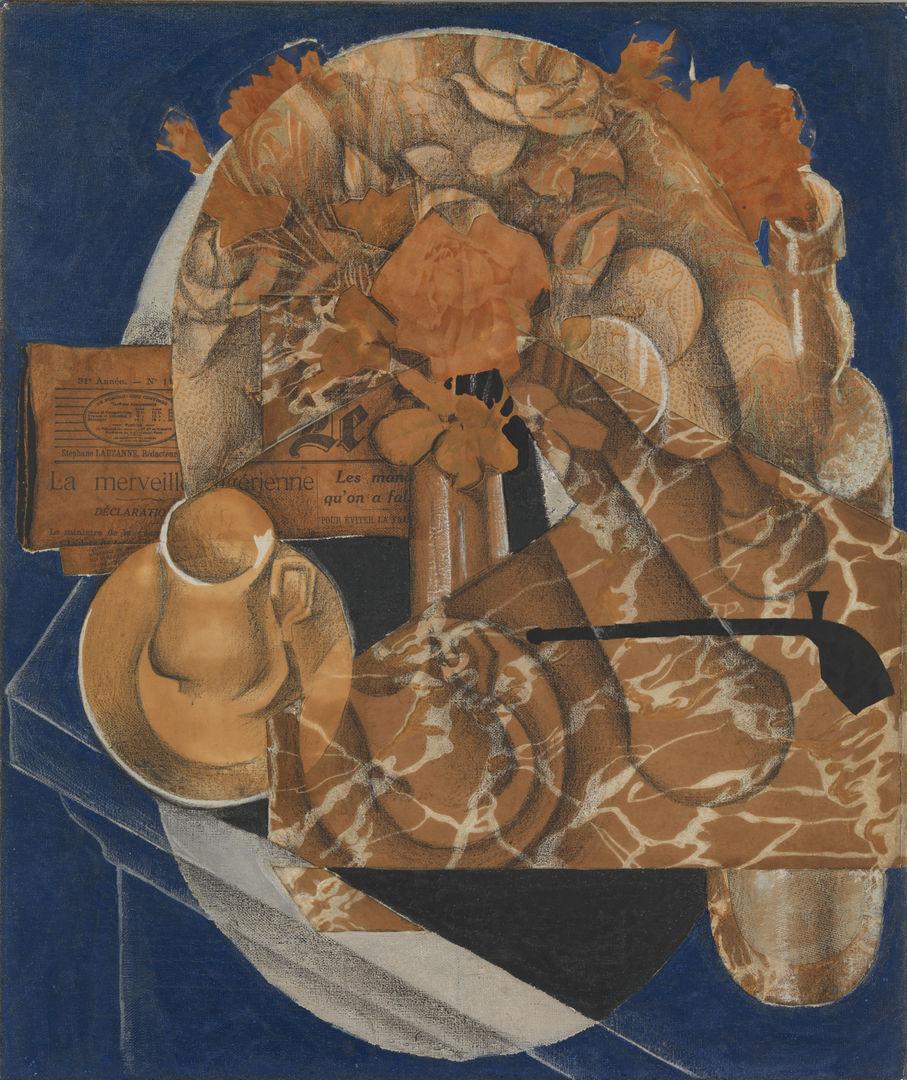 Collage in blue and orange tones depicting flowers, mugs and a few other abstract shapes