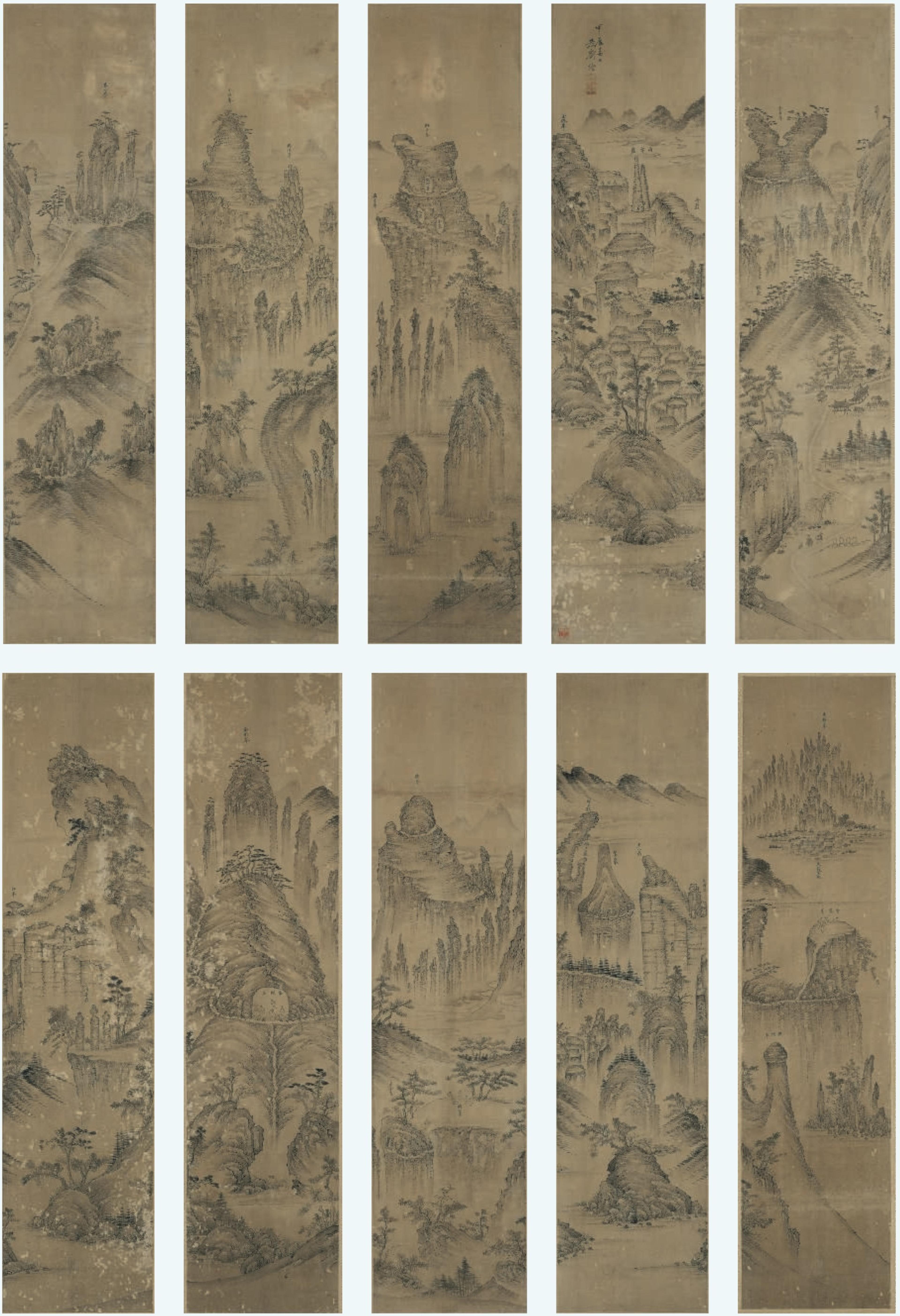 A painting of a landscape with mountains across 10 panels