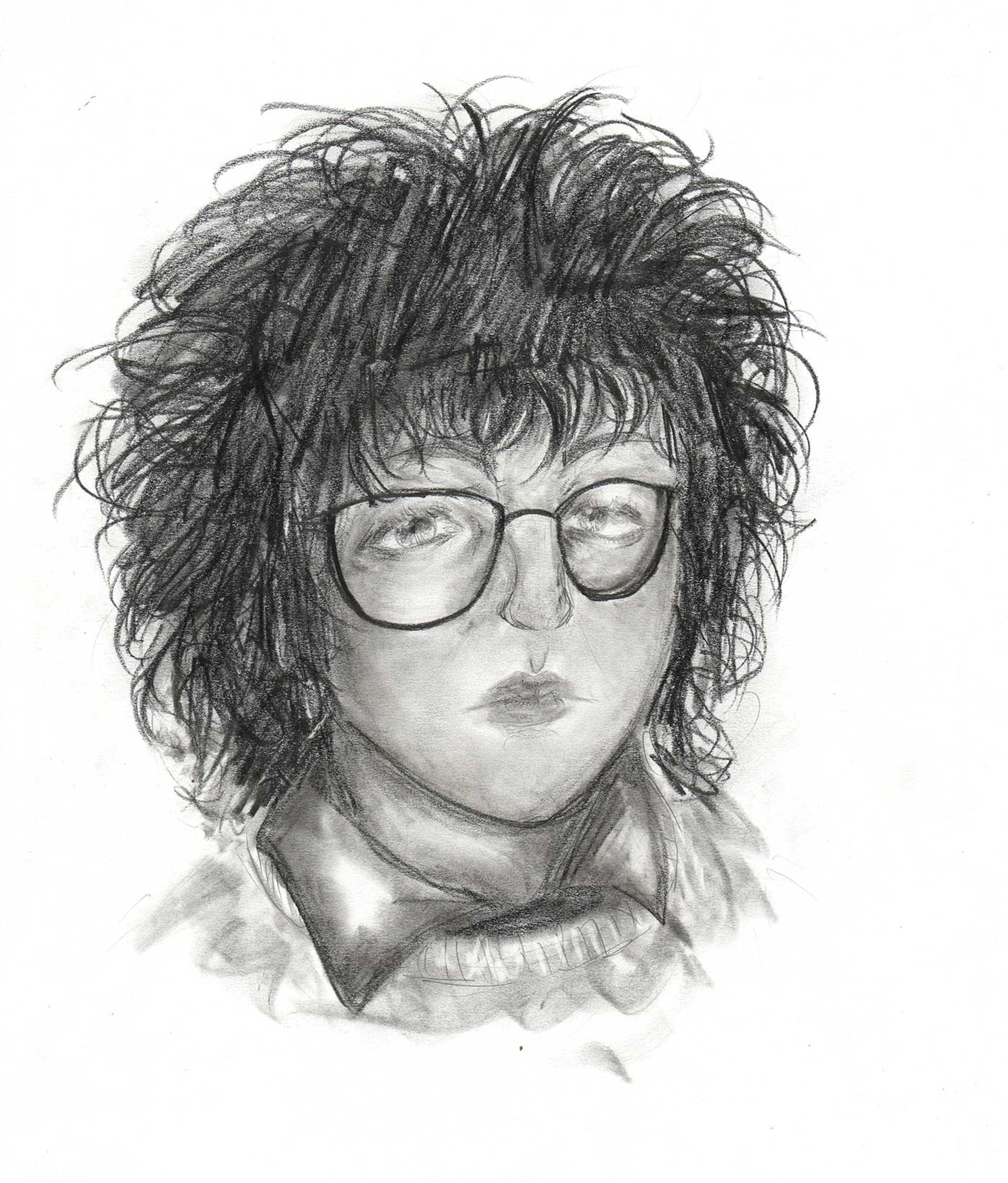 Charcoal portrait of a young girl with glasses.