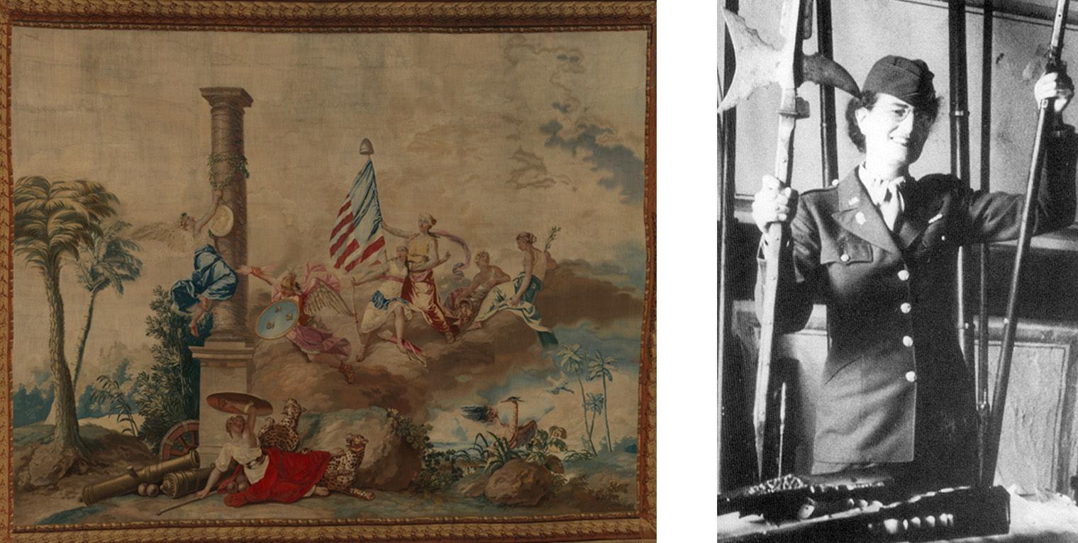 Composite image, left: tapstry of people standing on top of a cloud with a column and trees in the background, Right: Black and white photo of woman in a military suit