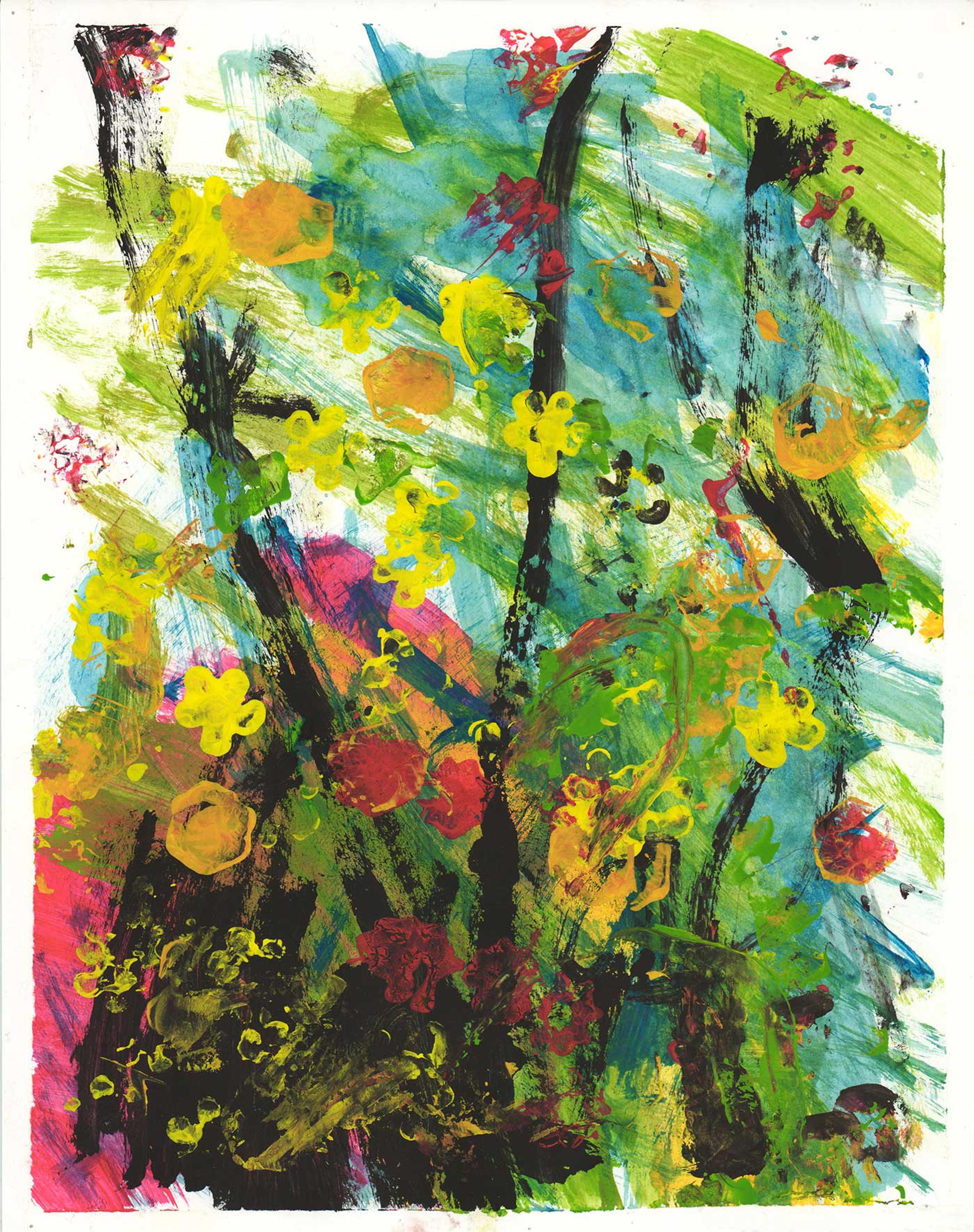 Painting of colorful leaves blowing in the wind.