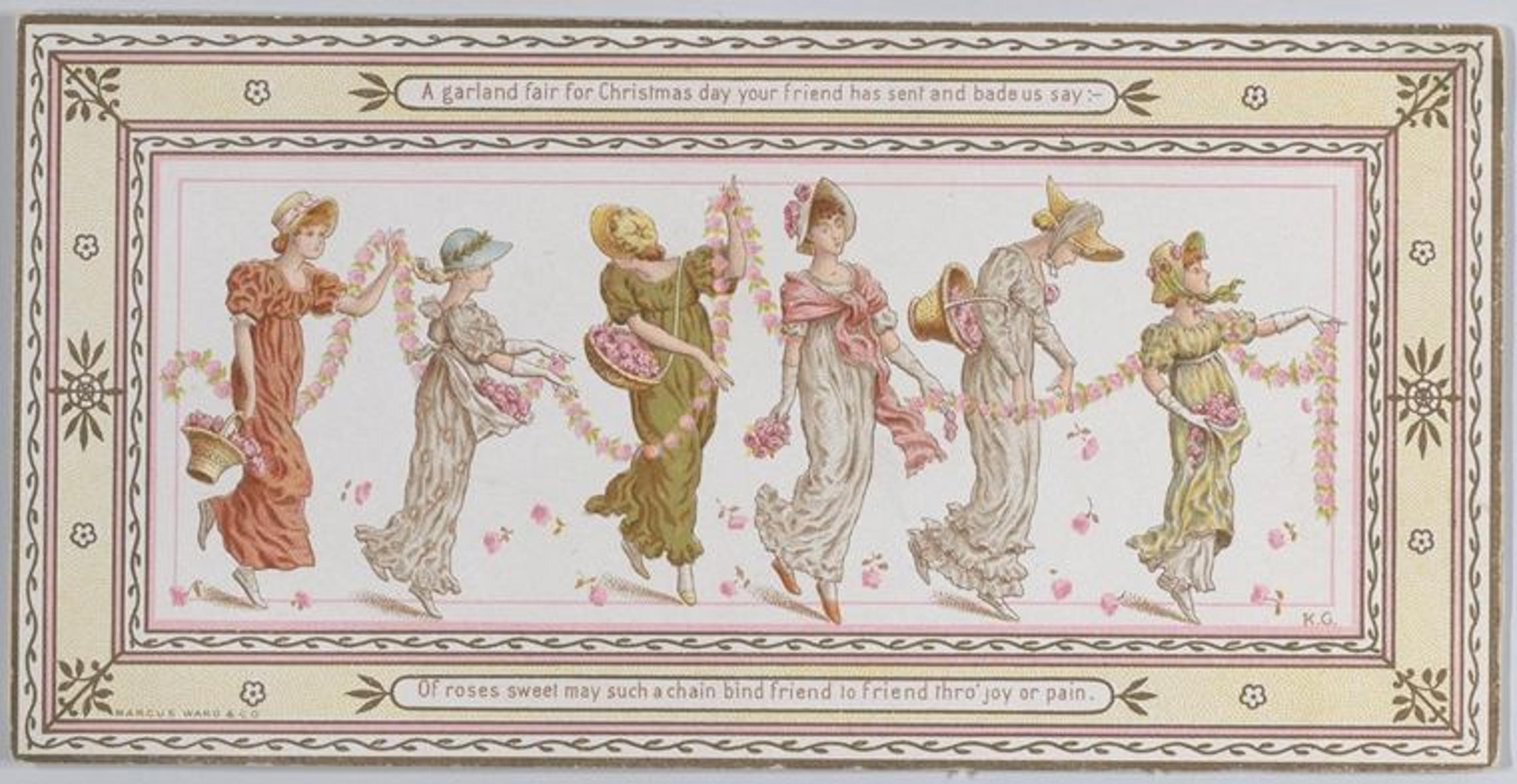 Kate Greenaway valentine featuring young women processing together while holding baskets of overflowing flowers