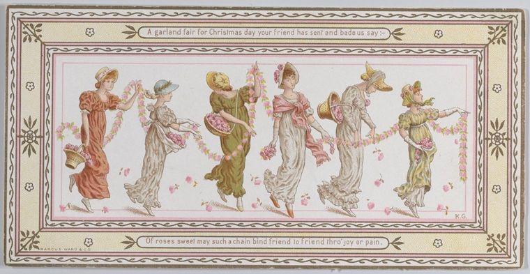 Kate Greenaway valentine featuring young women processing together while holding baskets of overflowing flowers