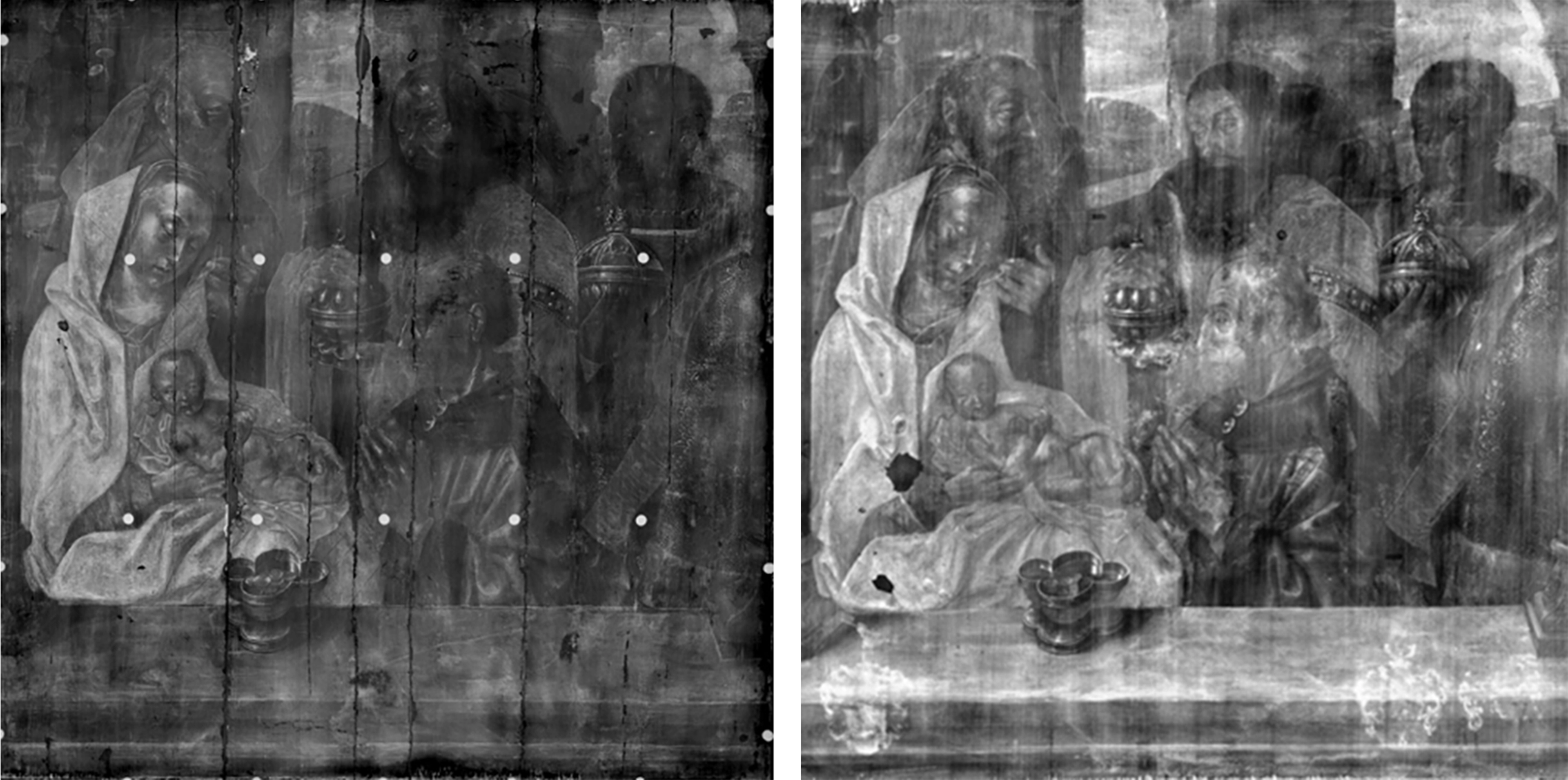 Diptych showing X-radiographs from The Met's Adoration of the Magi at left, and the Copenhagen panel's ox at right