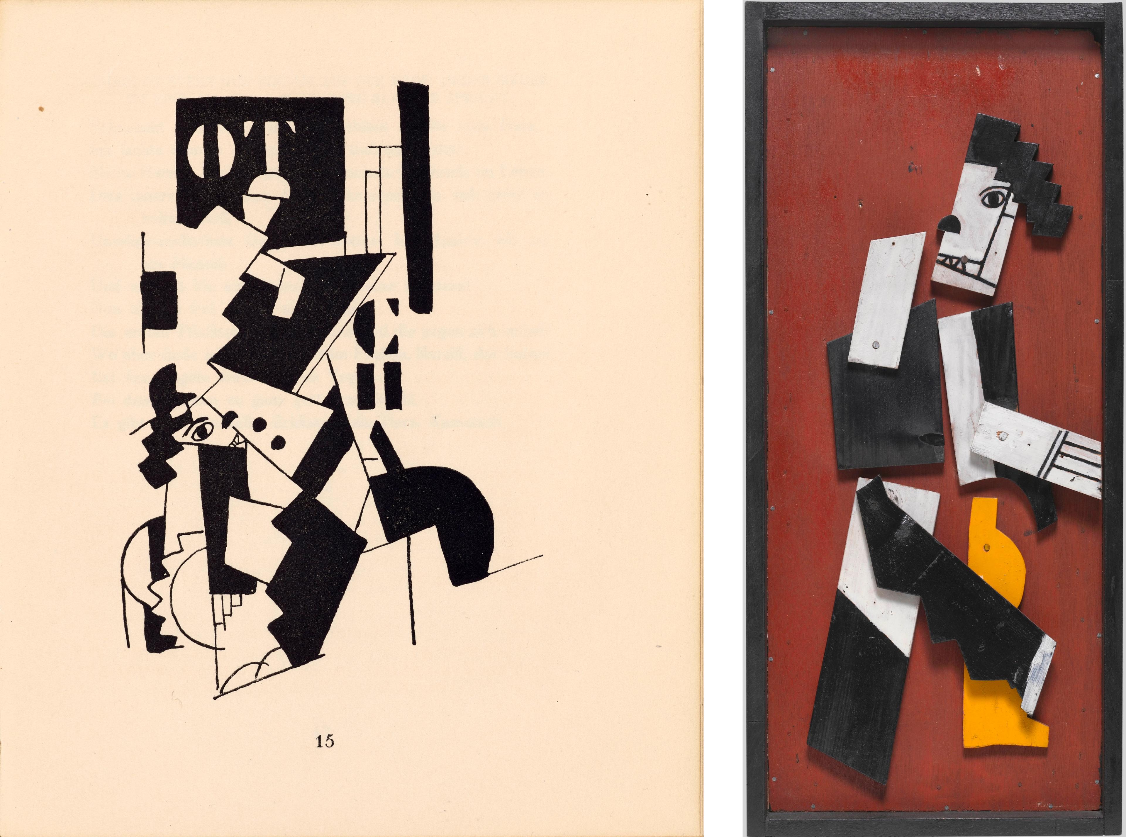 Left image - Fernand Léger, illustration for the ciné-poem Die Chapliniade, by Yvan Goll, p. 15; Right image - Fernand Léger, Charlot cubiste, 1924