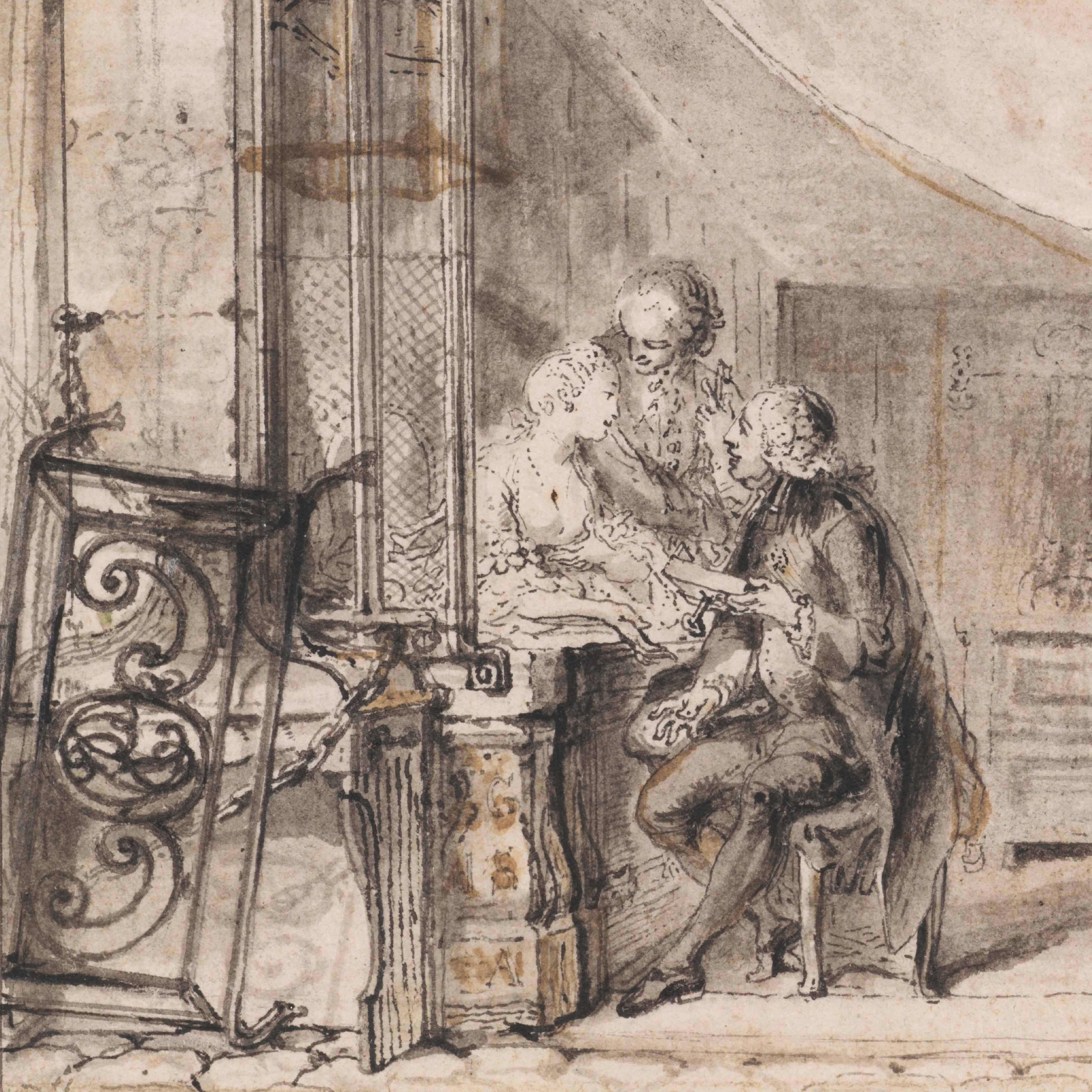 Two men and one woman in period clothing gather around a table, with the men attentively looking at the woman. The setting appears to be indoors, with ornate furnishings and a delicately drawn background.