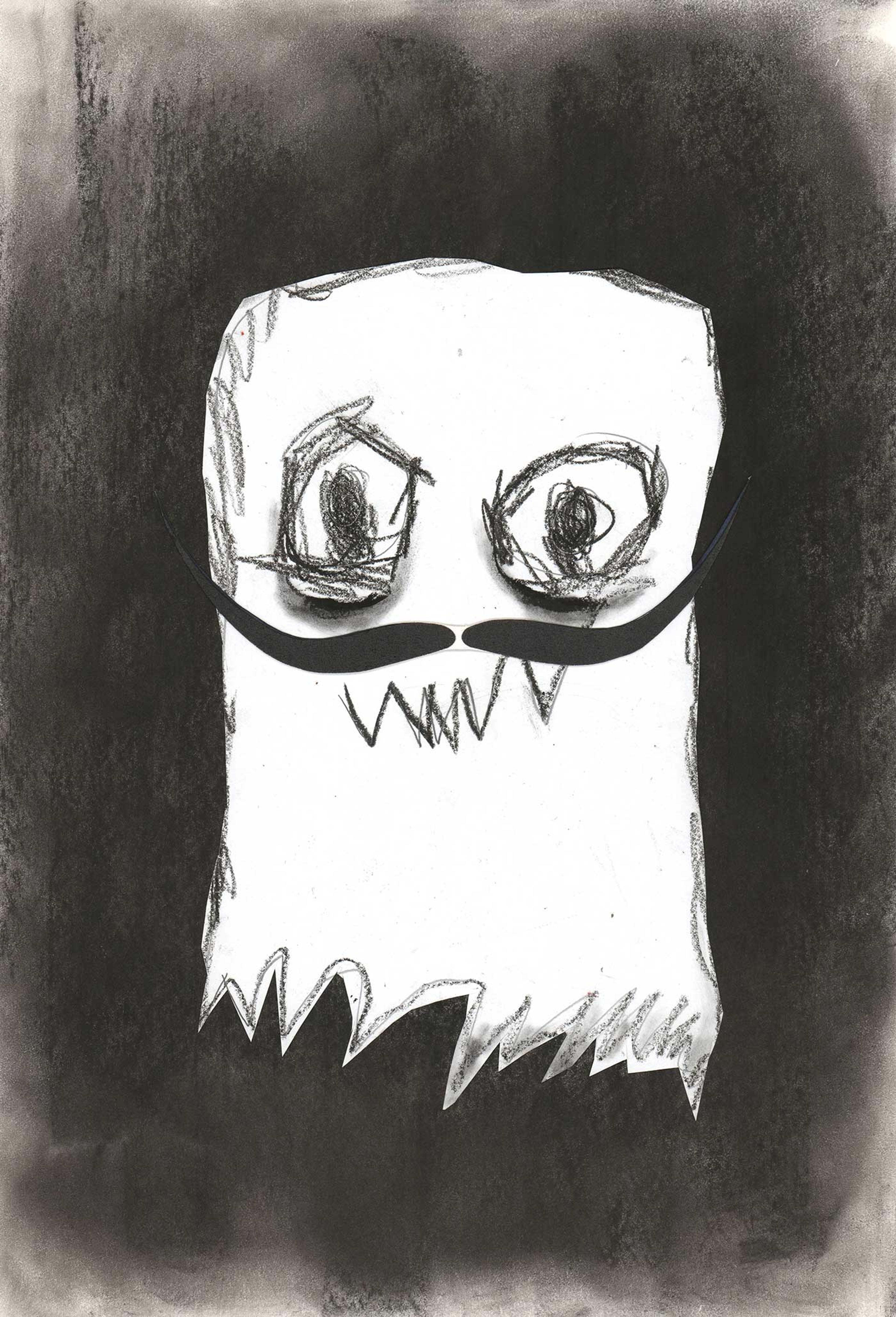 Drawing of a white ghost with a thin black mustache over a black background.