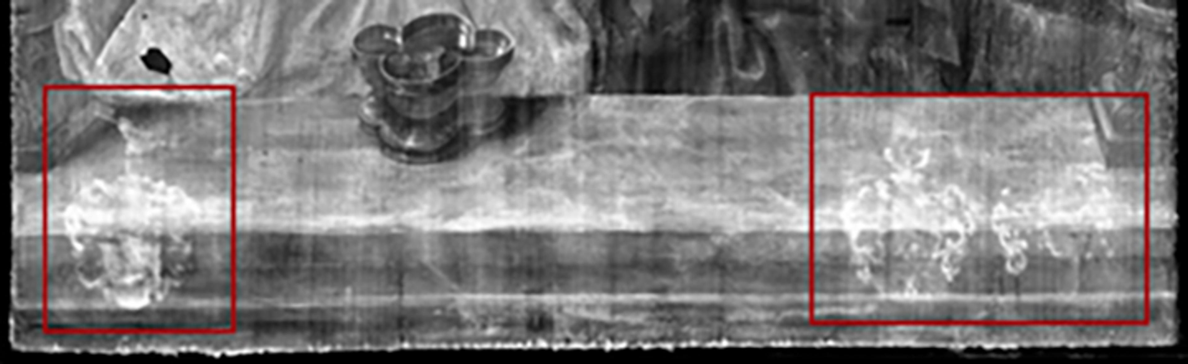 Detail from the X-radiograph of the Copenhagen panel showing the two unidentified coats of arms, outlined in red.