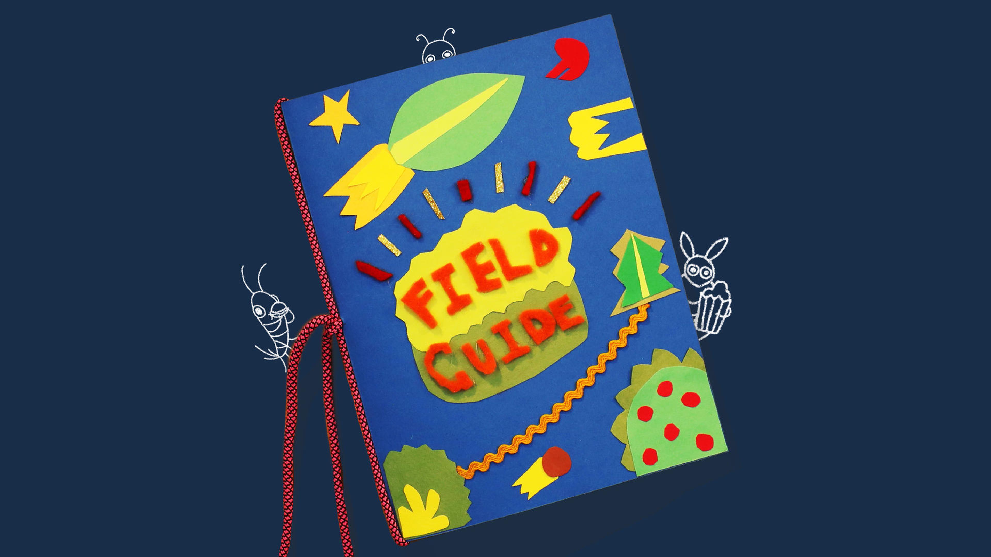 Drawn bugs peek out from behind a DIY notebook titled "field guide" with cut paper decorations of trees, stars, and rockets