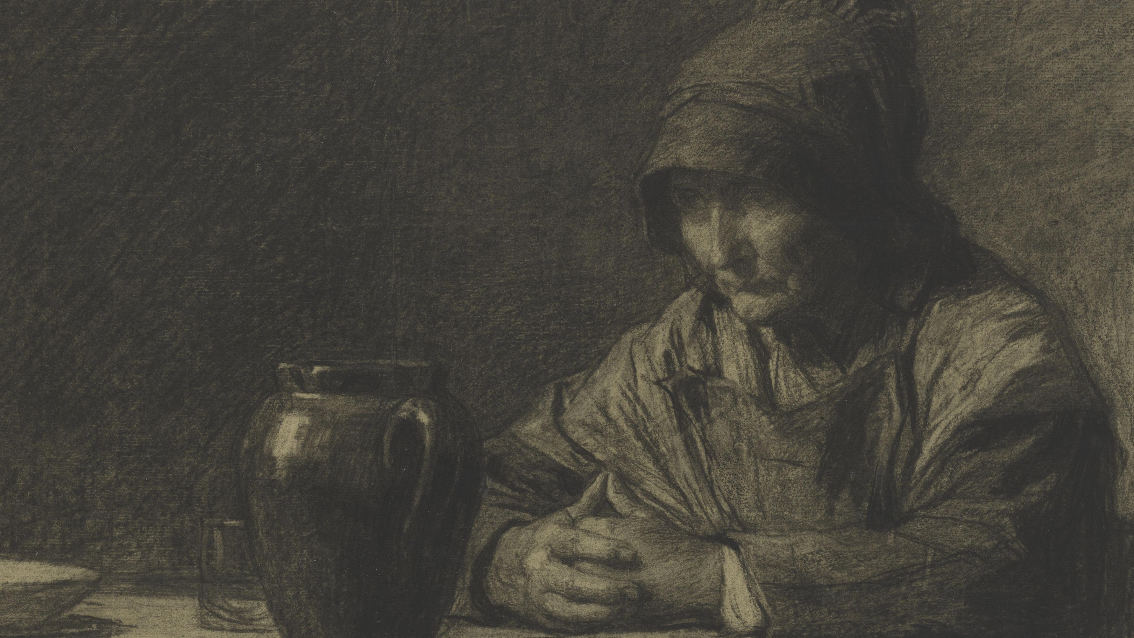 A charcoal drawing of a cloaked elderly figure seated at a table with a vase on it.