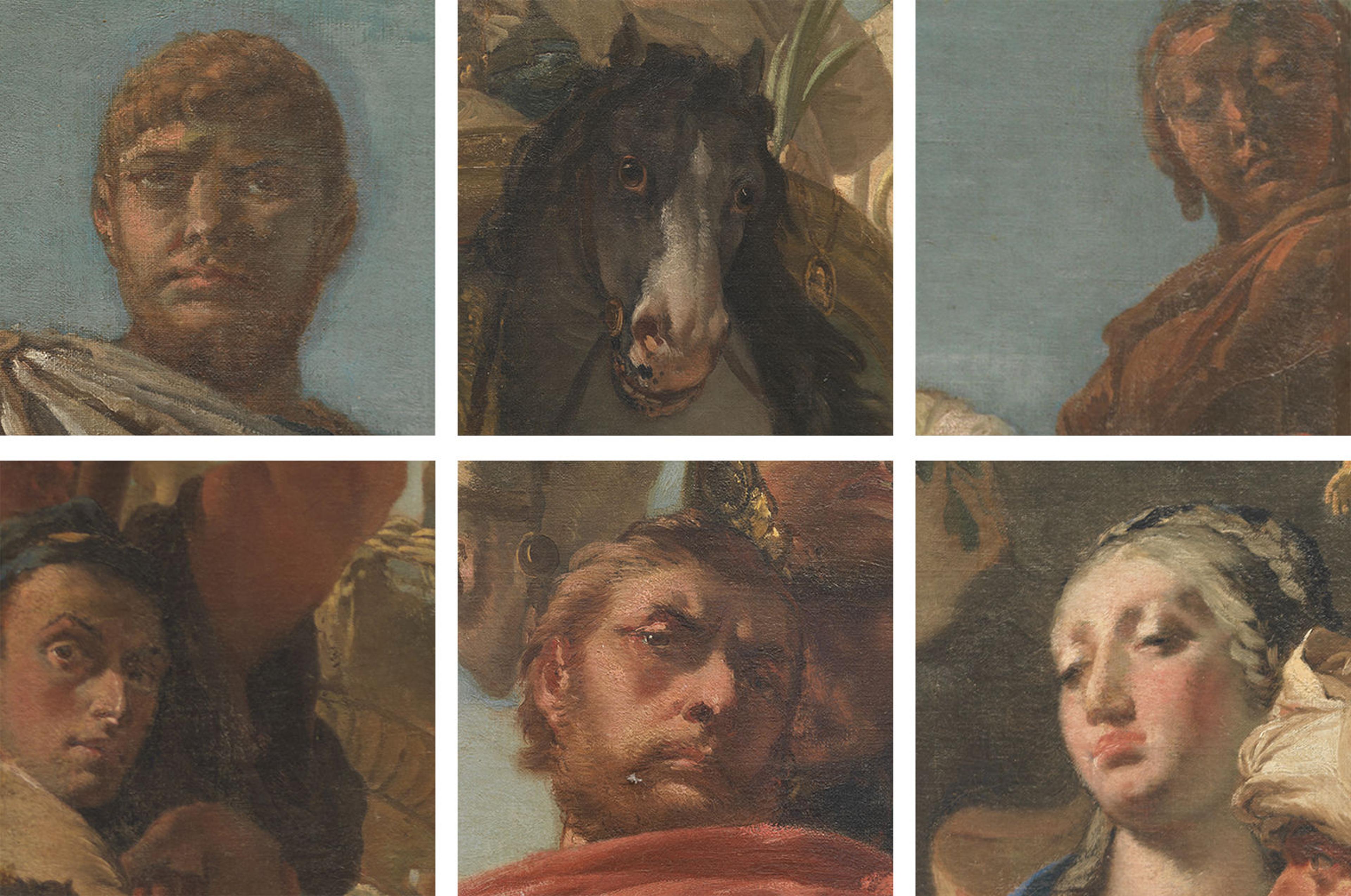 Six close ups of human and non-human faces in Tiepolo's The Triumph of Marius