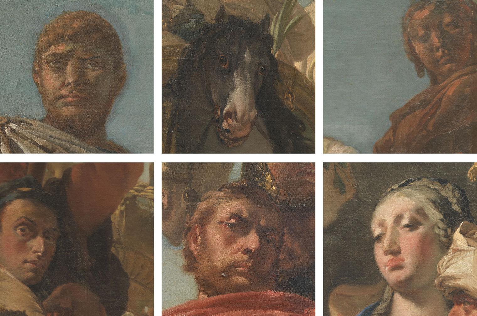 Six close ups of human and non-human faces in Tiepolo's The Triumph of Marius