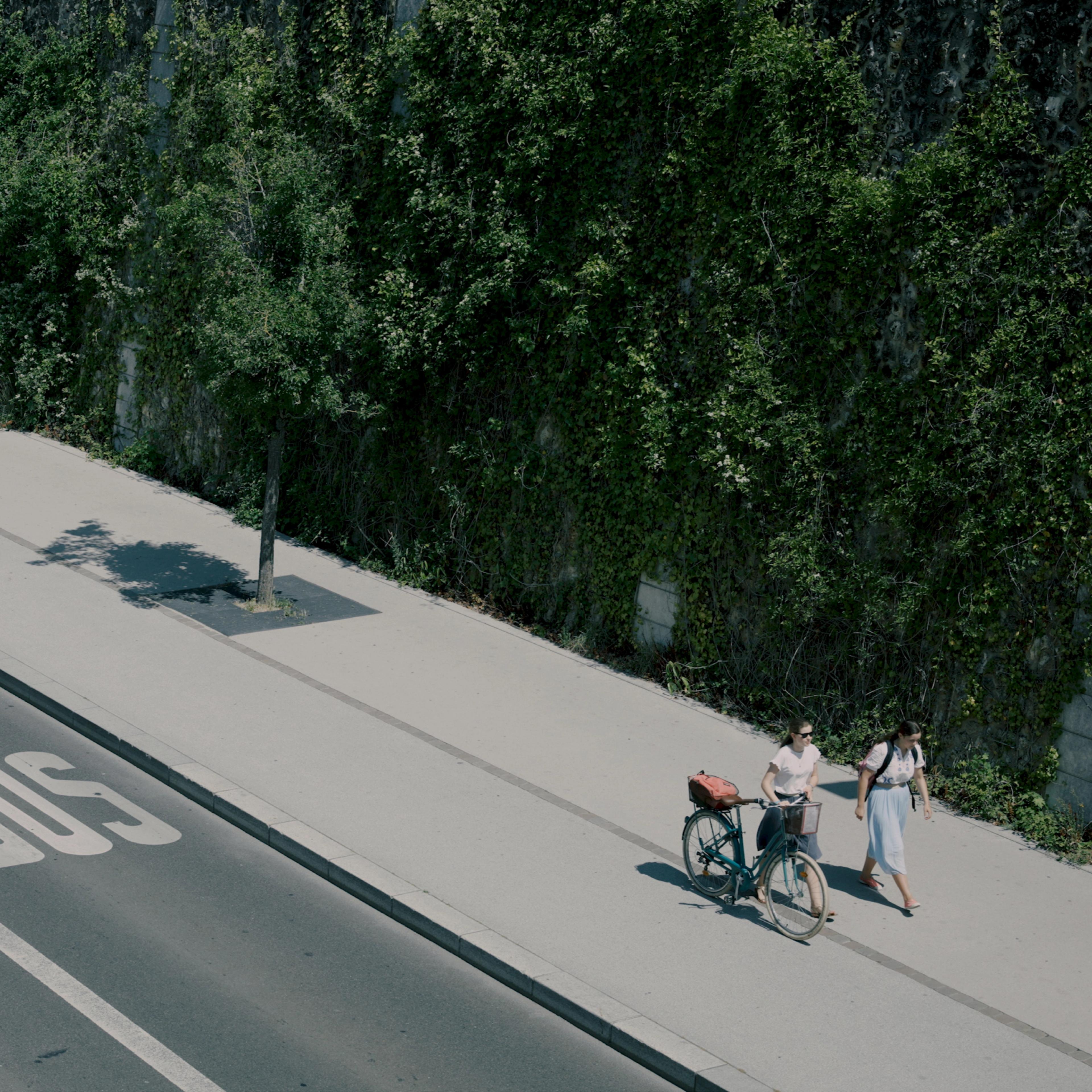 Wide street view with two women walking on the sidewalk. One is pushing a bike, as green trees align their paths.