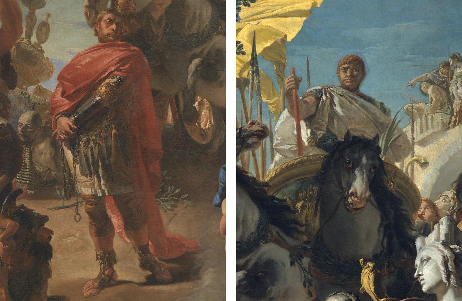 Diptych showing Marius at left, posing with his arms clasped at his waist, a red cloth draped over his shoulders to his back. At right, Jugurtha sits stoically atop a wide-eyed horse, his right hand on a staff.