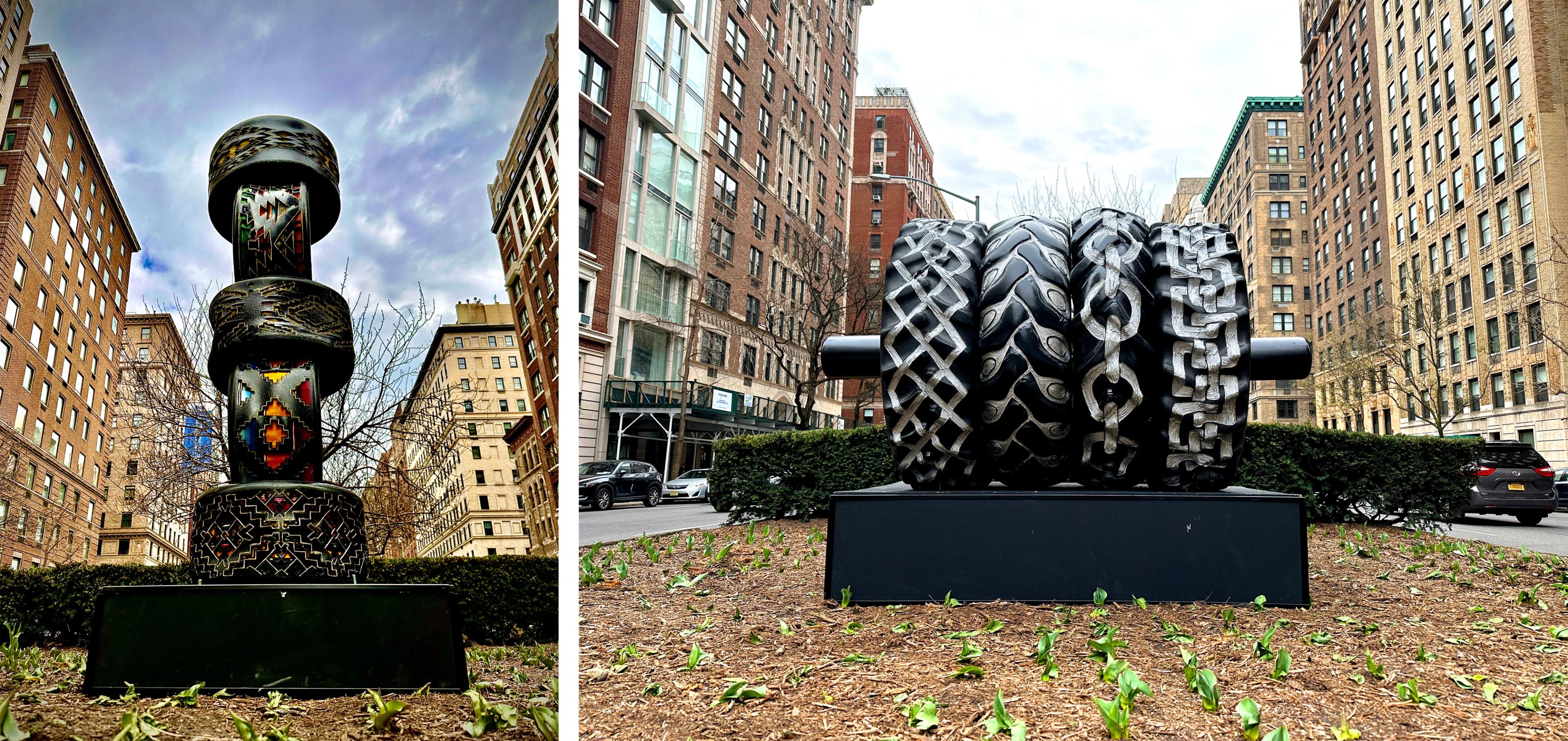 On the left, four engraved and decorated tires stacked on top of each other, framed by buildings. On the right, four tires engraved and painted in silver colors positioned side by side, framed by Park Avenue.