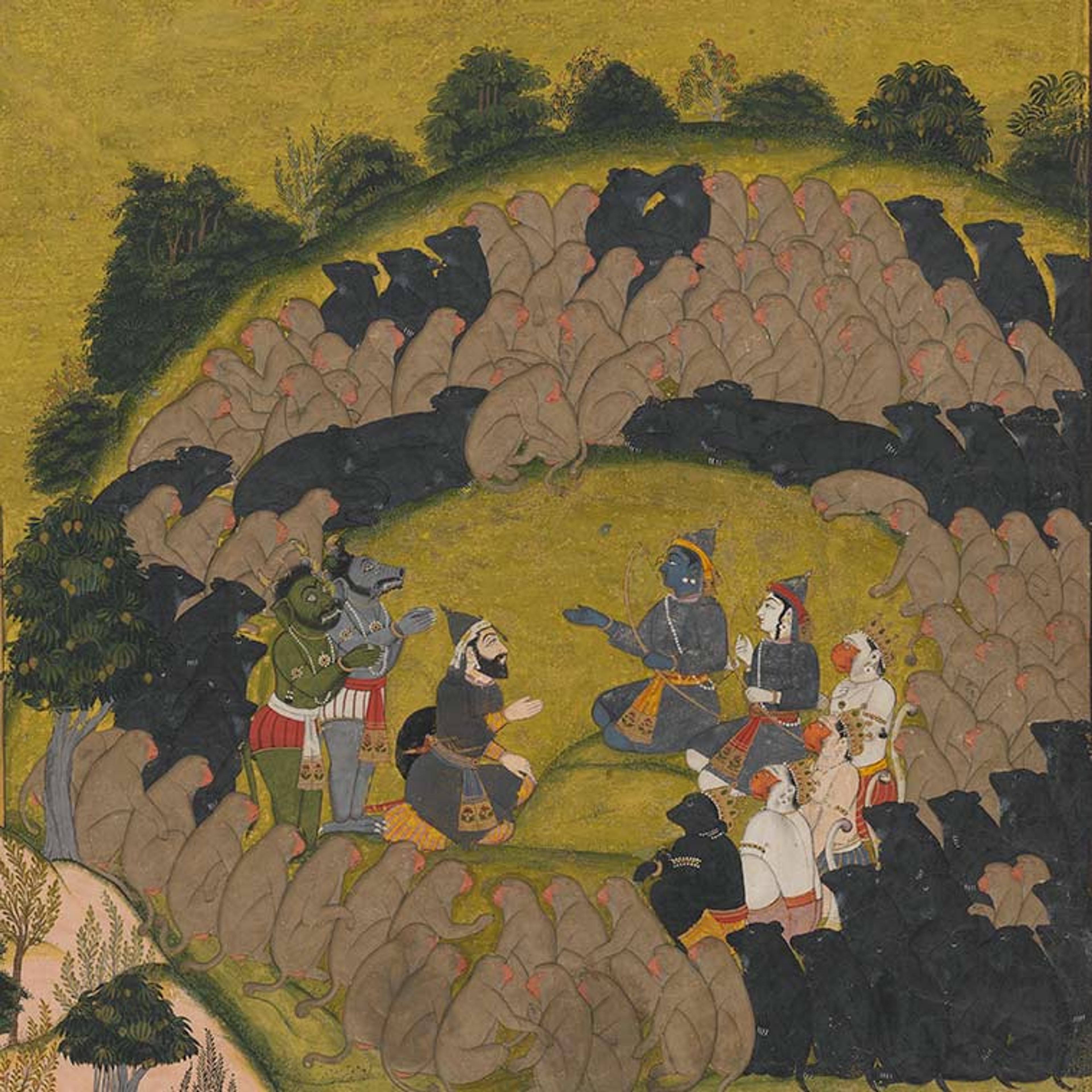 Painting of monkeys gathered around Lord Rama