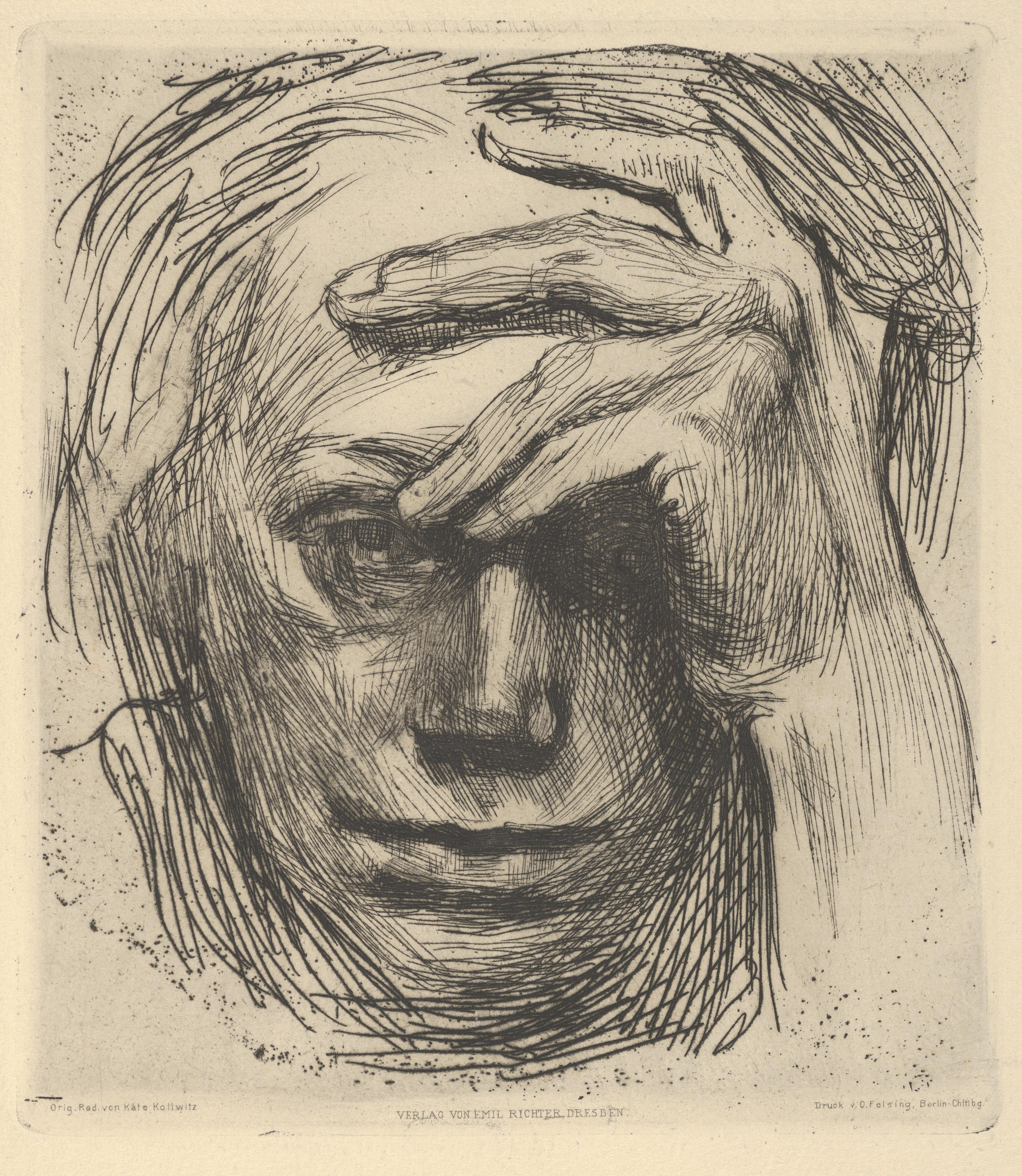 Etching of a person’s face shown up close, with one hand resting across their forehead and eyes gazing forward.