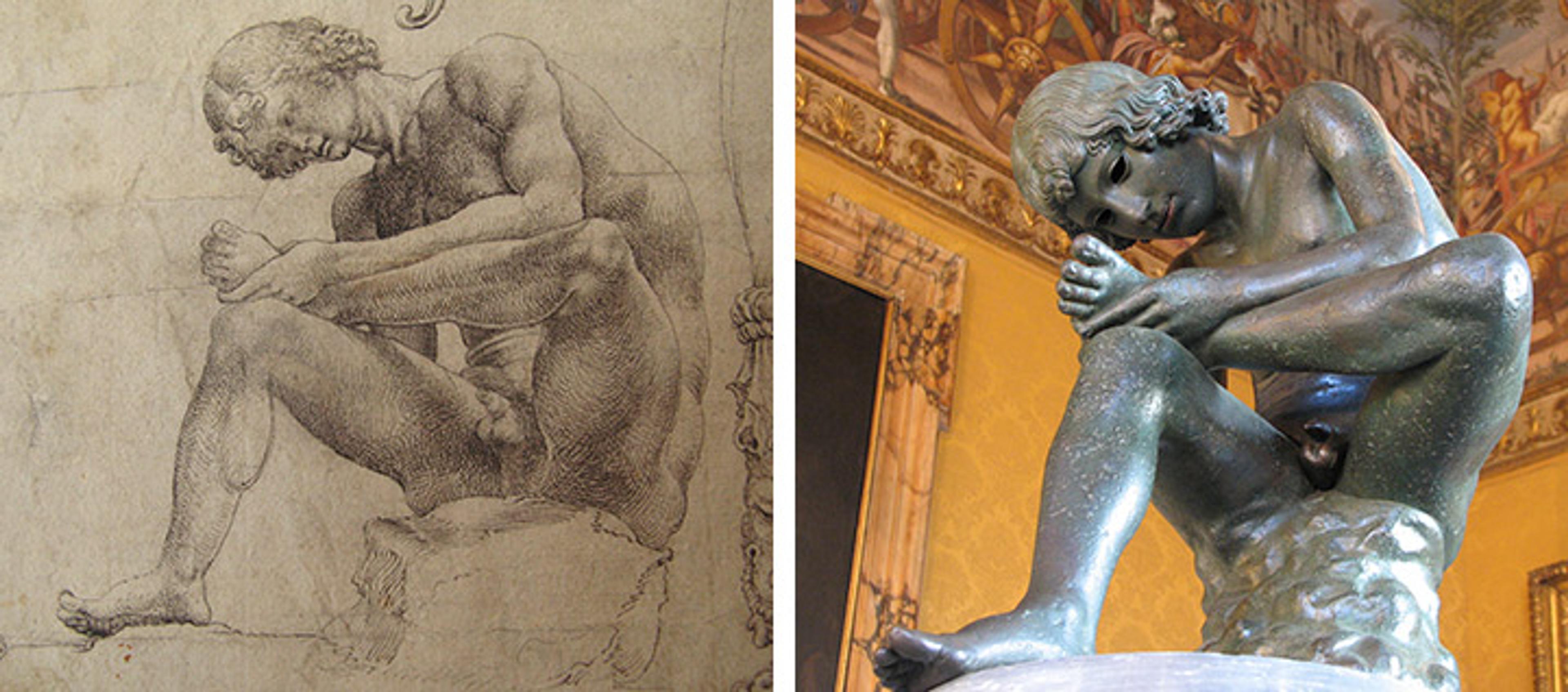 Drawing of nude boy removing thorn from foot on left; bronze sculpture of same boy on right
