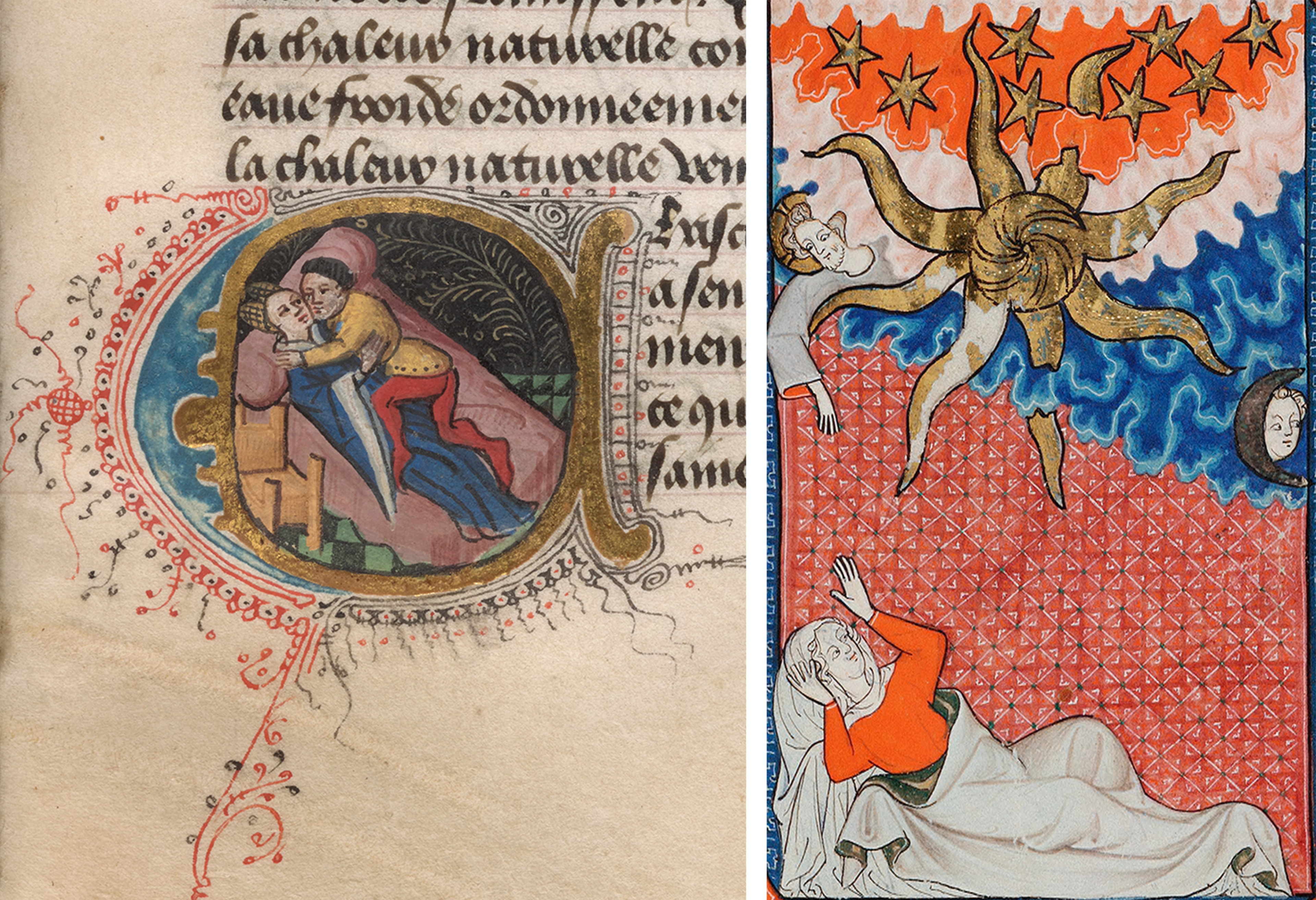 Two colorful scenes: at left, a decorative emblem with embracing male figures, and at right, a reclining woman lays beneath a radiant celestial form.