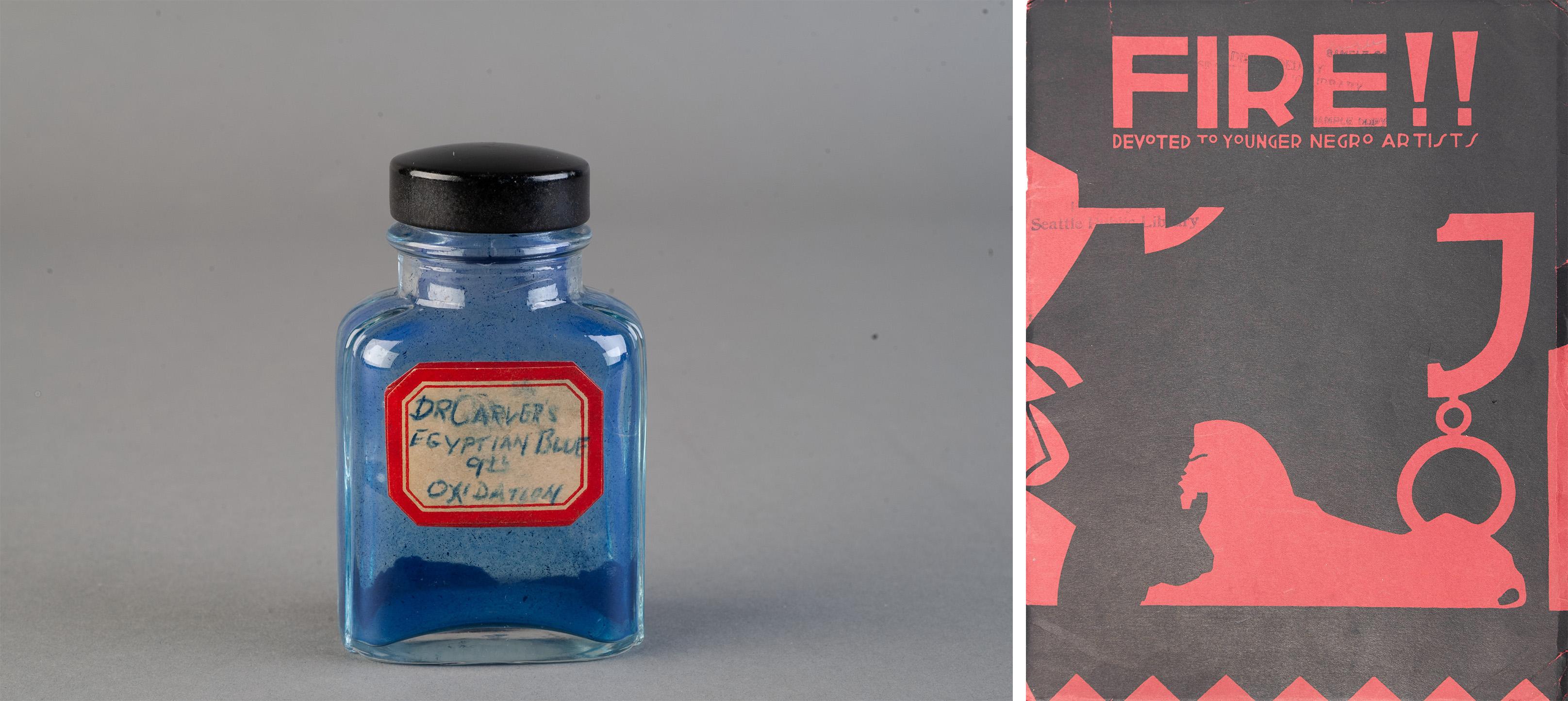 Composite image. On the left, a glass mini bottle with blue powder sitting at the bottom of the bottle. On the right, a red and black image of Fire Magazine.