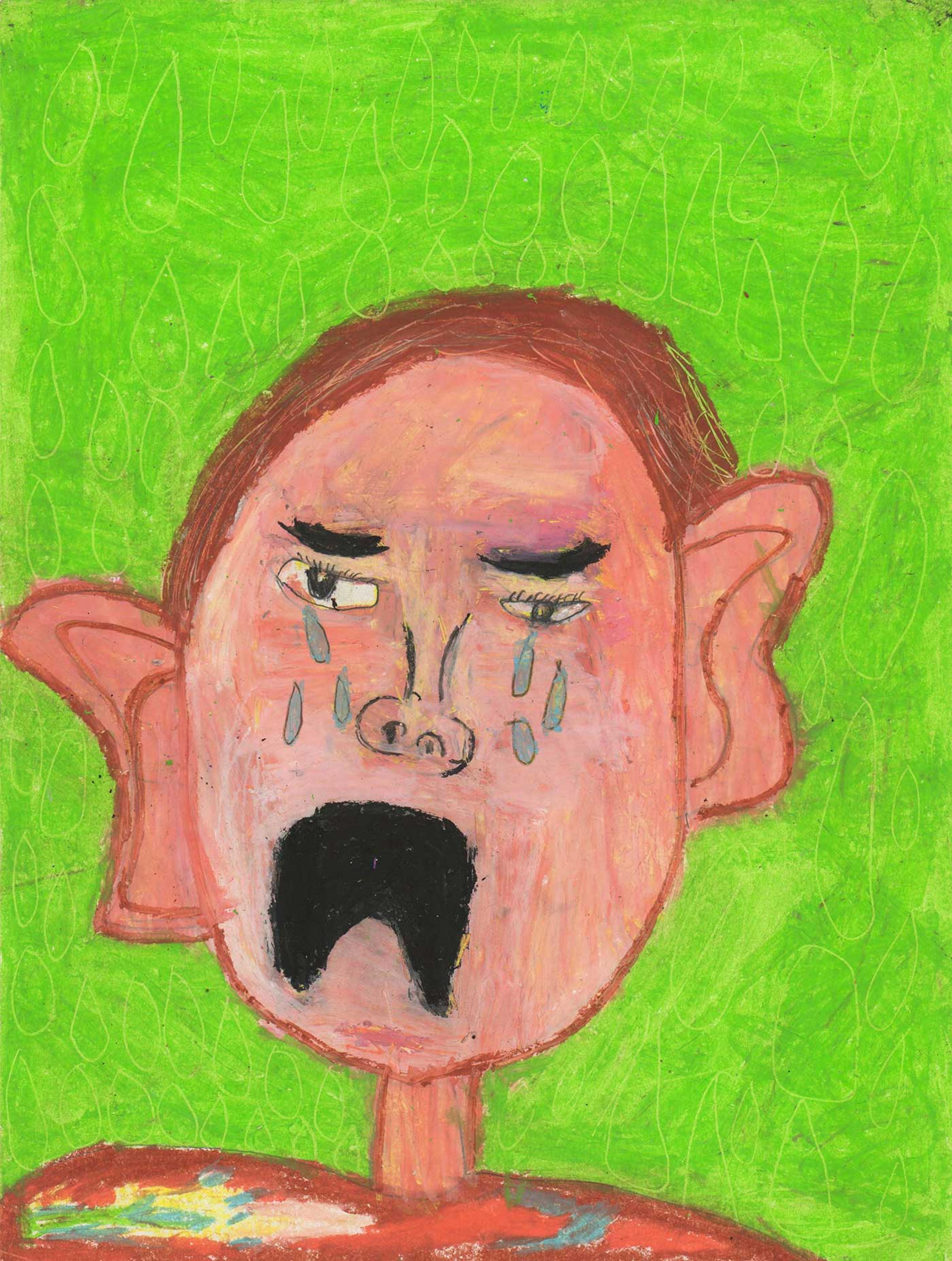 Portrait of a young boy crying on a green background.