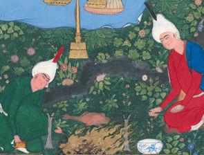 Detail from Barbad the Concealed Musician, showing a candle and cooking flame, and a lighted torch. Barbad the Concealed Musician, Folio 731r (detail). Attributed to Mirza 'Ali The Nasser D. Khalili Collection of Islamic Art (MSS 1030).