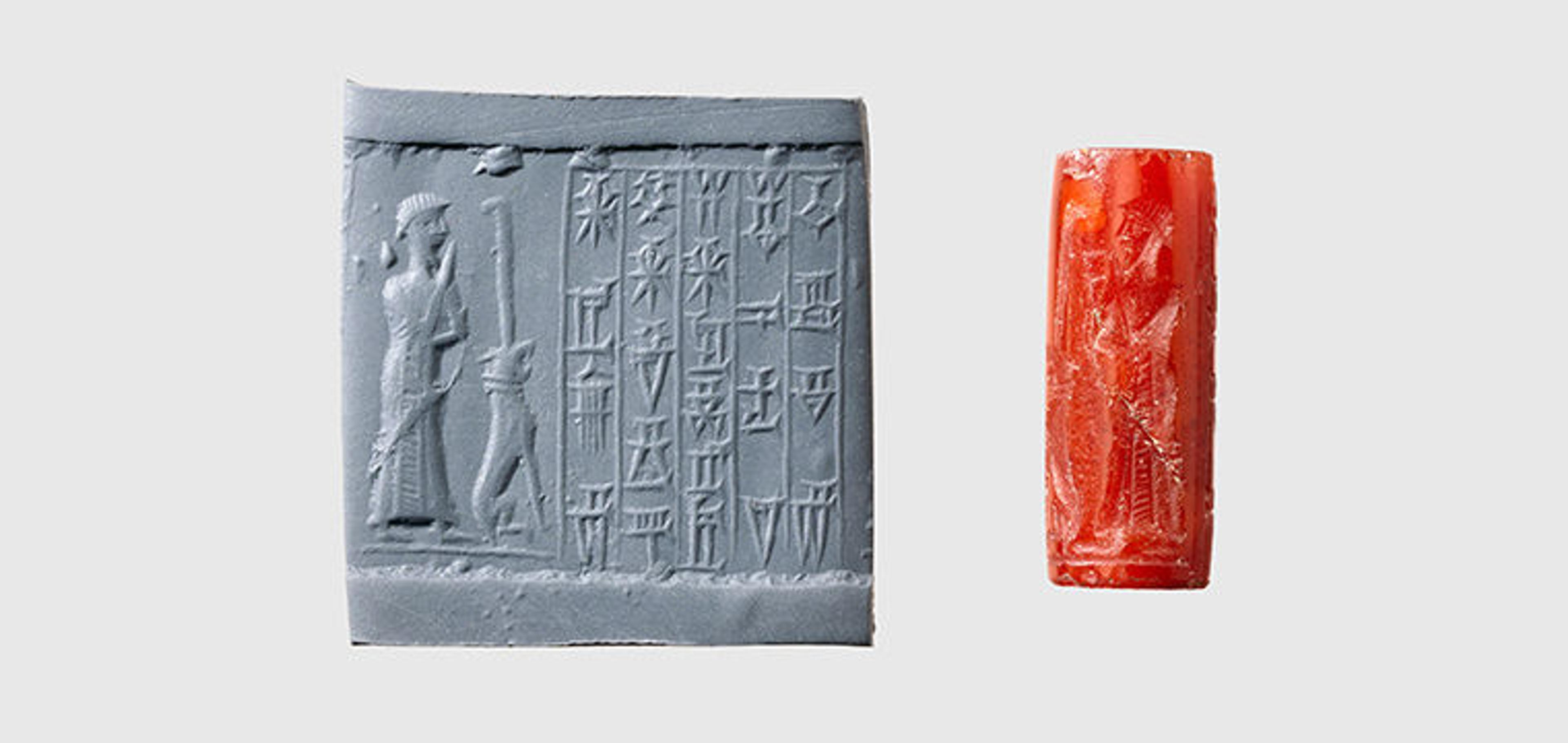 A red cylinder seal made from carnelian next to a rectangular piece of clay on which the seal was rolled. The impression on the clay shows a man, dog and writing. 