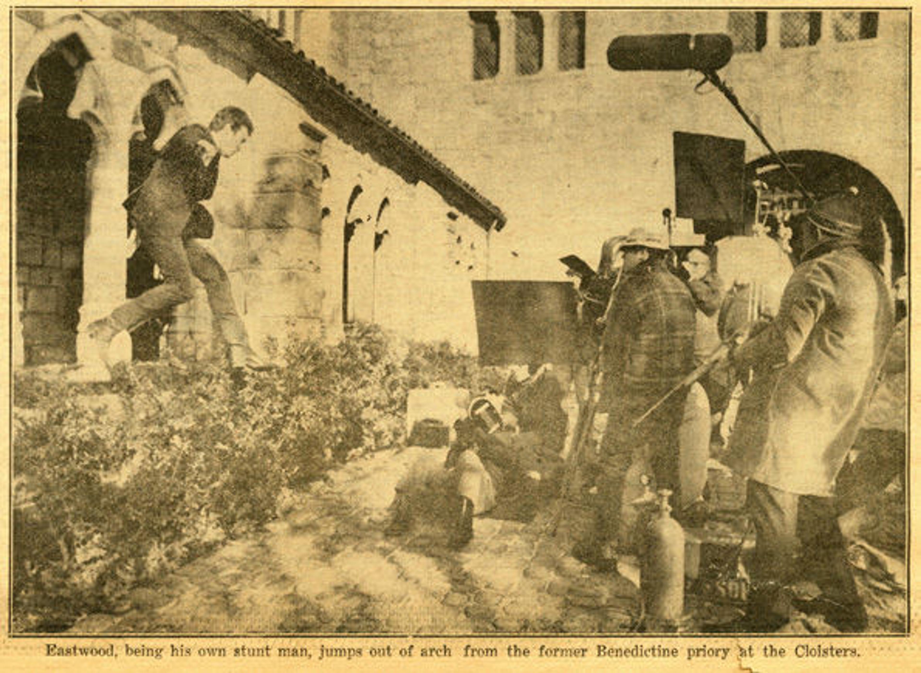 Clint Eastwood leaps from one of the windows of the Froville arcade (35.35.5-12) during filming of Coogan's Bluff at The Cloisters. NY Daily News, Nov. 21, 1967.