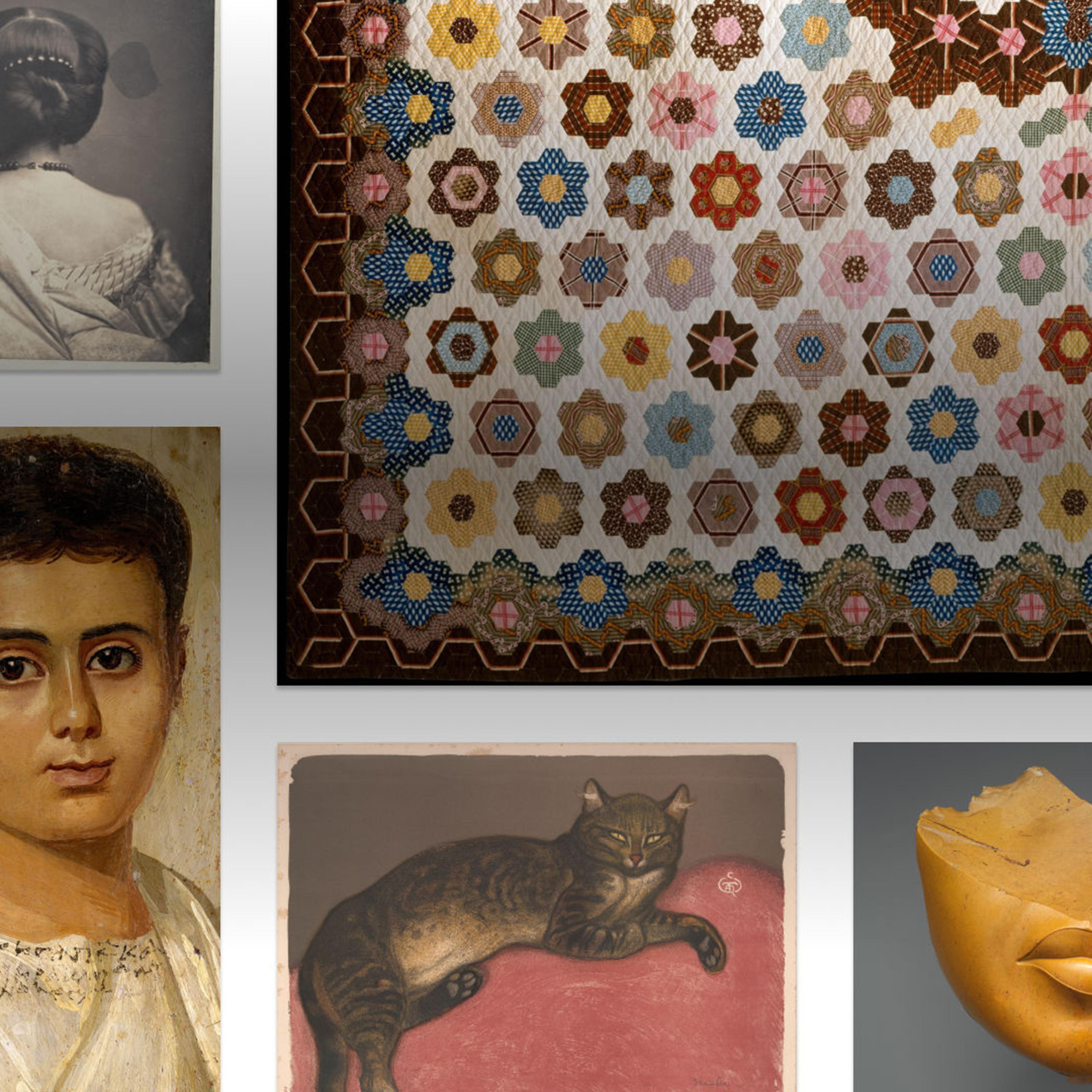 A collage of artworks including a painting of a person's face, a painting of a cat lounging on a pillow, a quilt, a photograph of a person with their hair tied up and back facing the camera, and a fragment of a statue representing the lower portion of a woman's face.