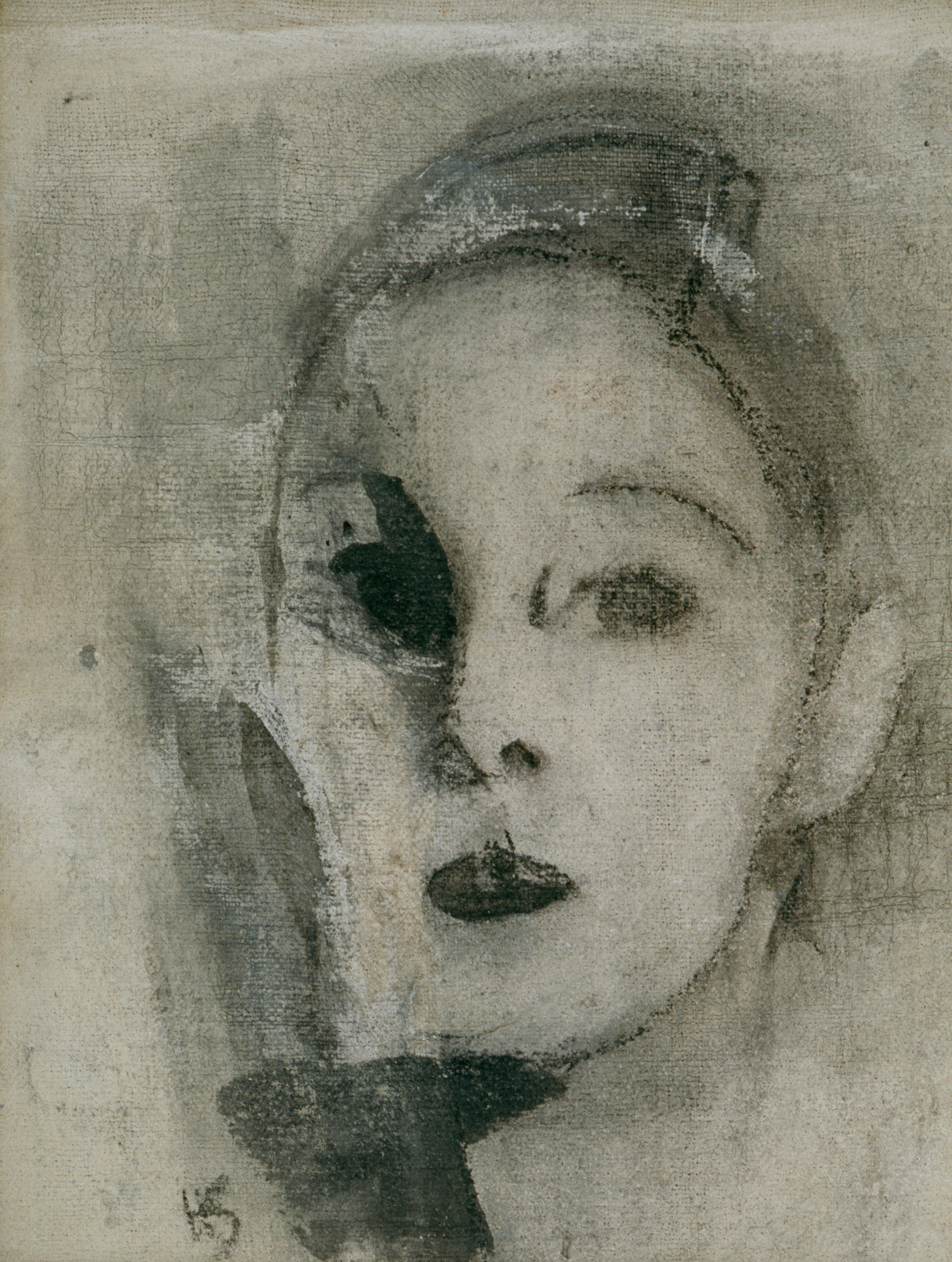 Black-and-white painting of a woman's face with simplified features.