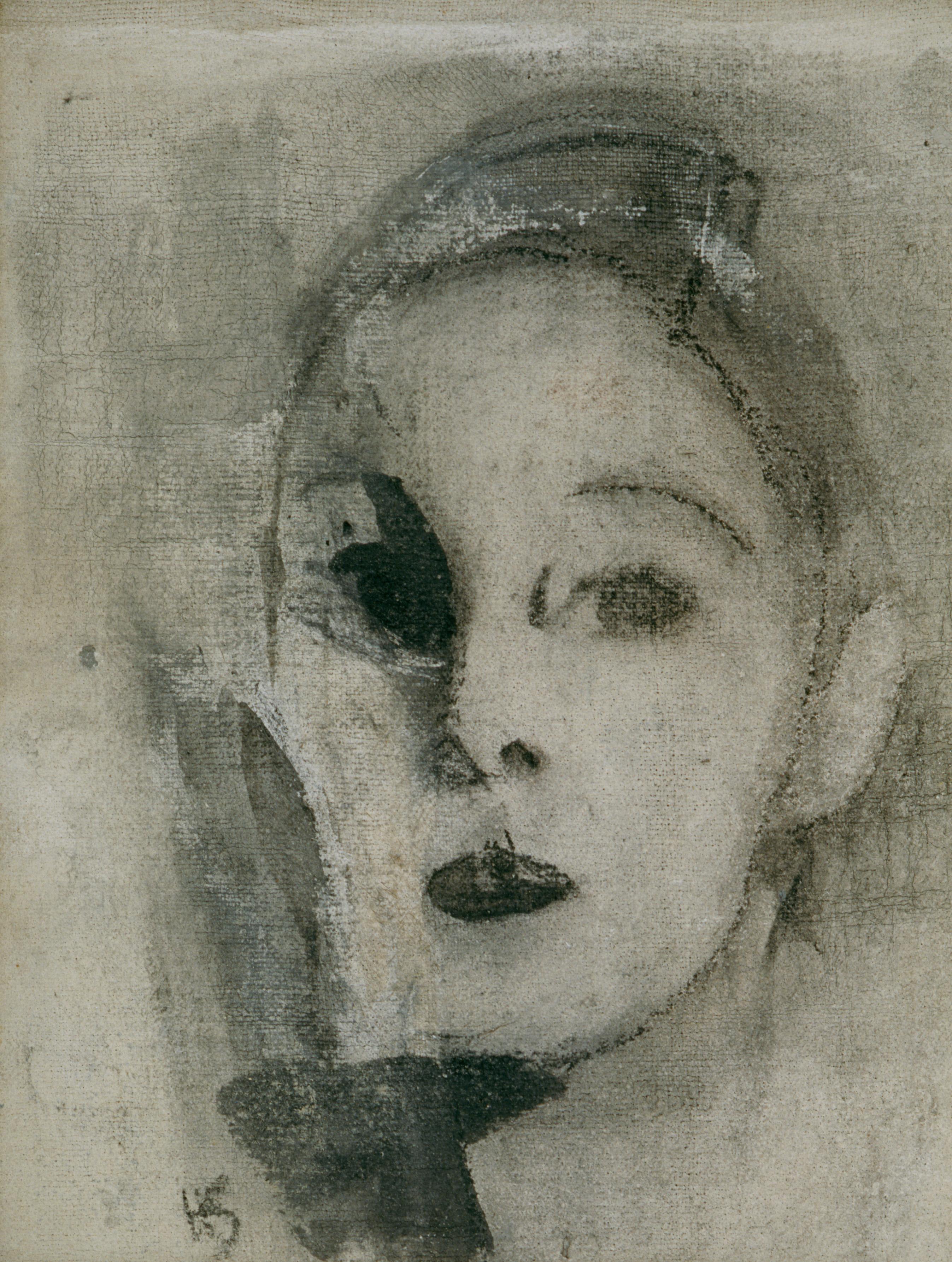 Black-and-white painting of a woman's face with simplified features.
