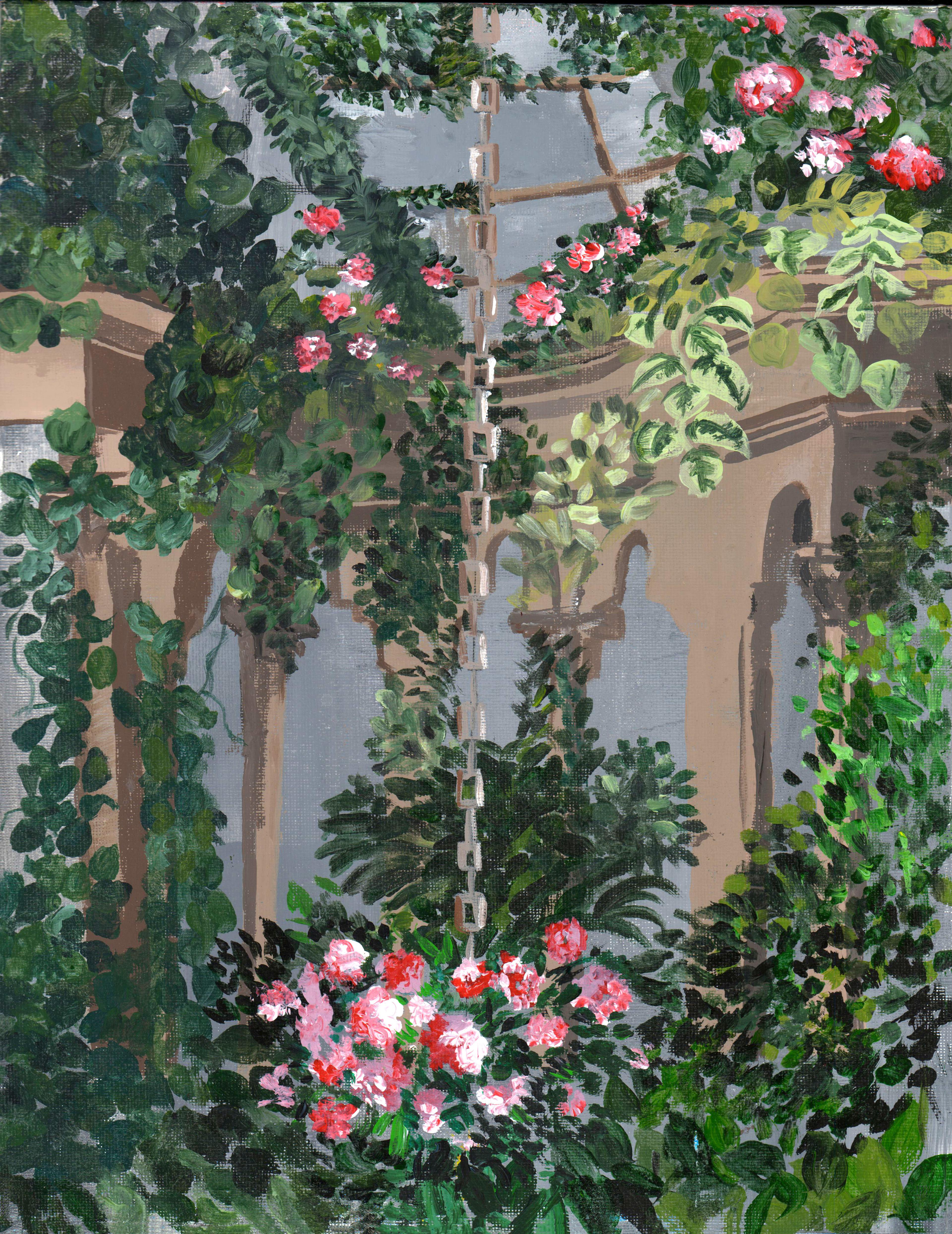 Acrylic painting of the interior of a circular garden gazebo with a glass ceiling and beige pillars supporting the roof. The garden is filled with green hanging plants from top to bottom, and a bouquet of pink flowers in the center hangs near the bottom of the illustration by a long chain that extends from the top of the gazebo.