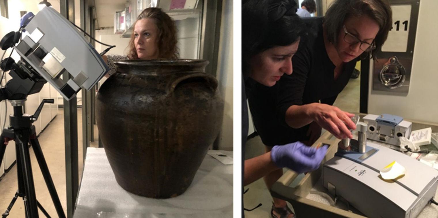 Two images of scientific research being done on jars.