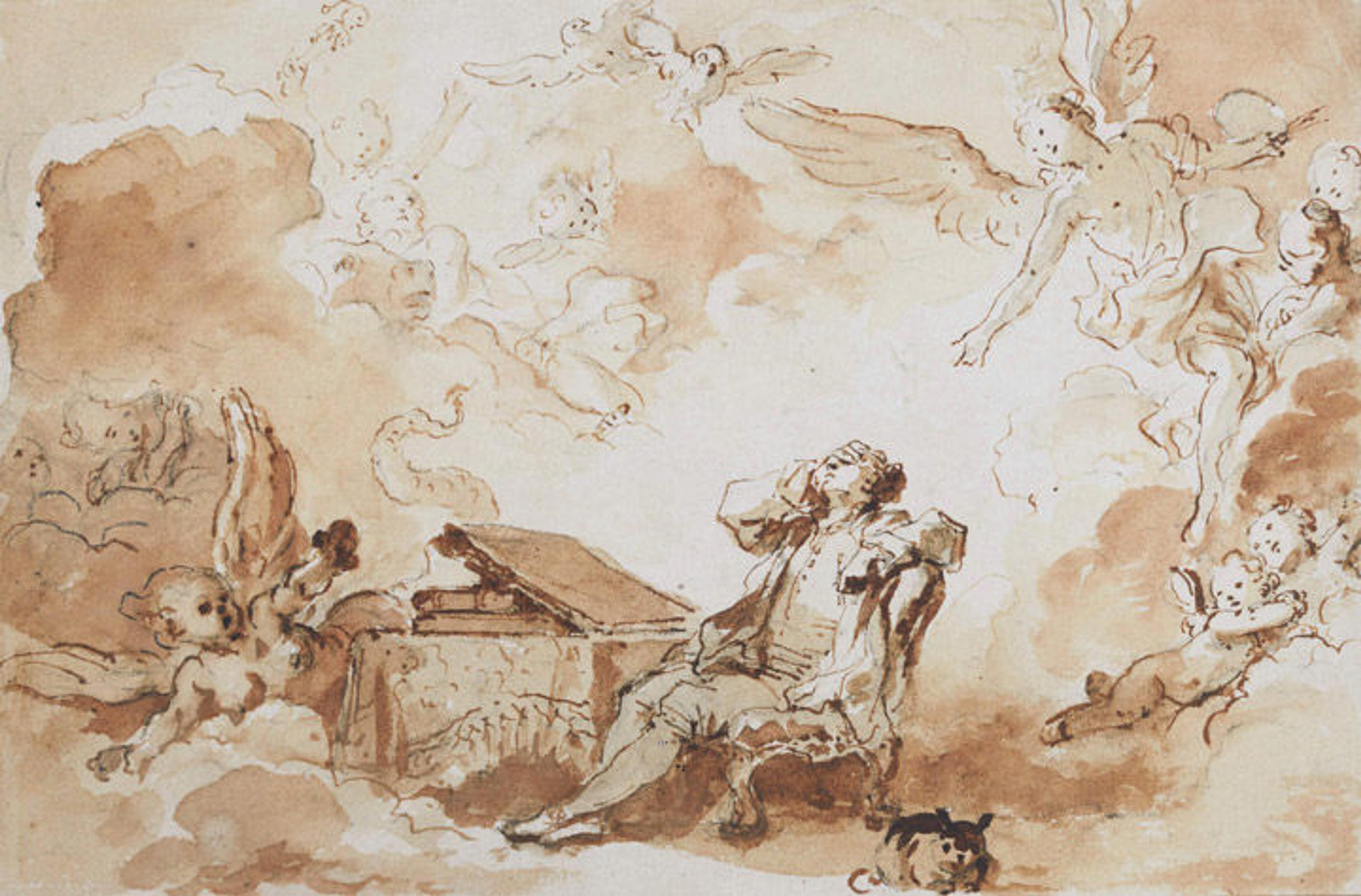 Ink and wash drawing of a man in 18th-century dress sitting at a desk and surrounded by figments of his imagination