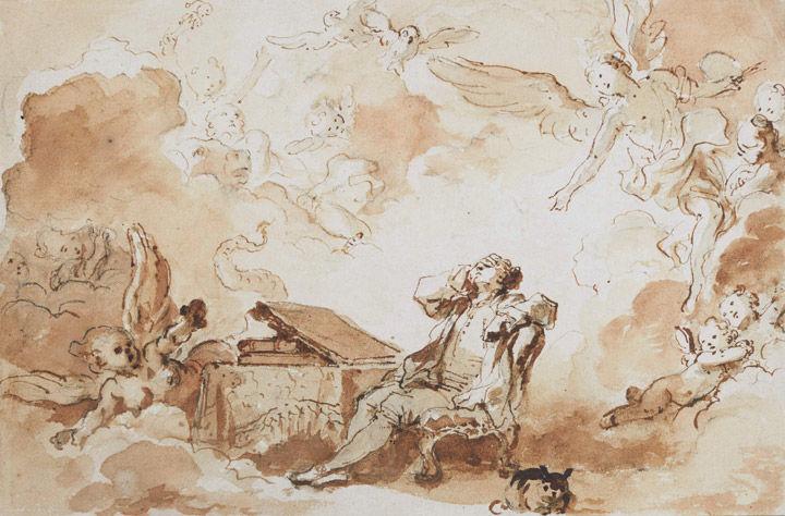 Ink and wash drawing of a man in 18th-century dress sitting at a desk and surrounded by figments of his imagination