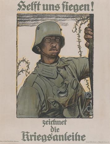 'Help Us Win! Buy War Bonds (Helft uns siegen! Zeichnet die Kriegsanleihe)' | A German soldier in uniform with a gas mask hanging from his neck.