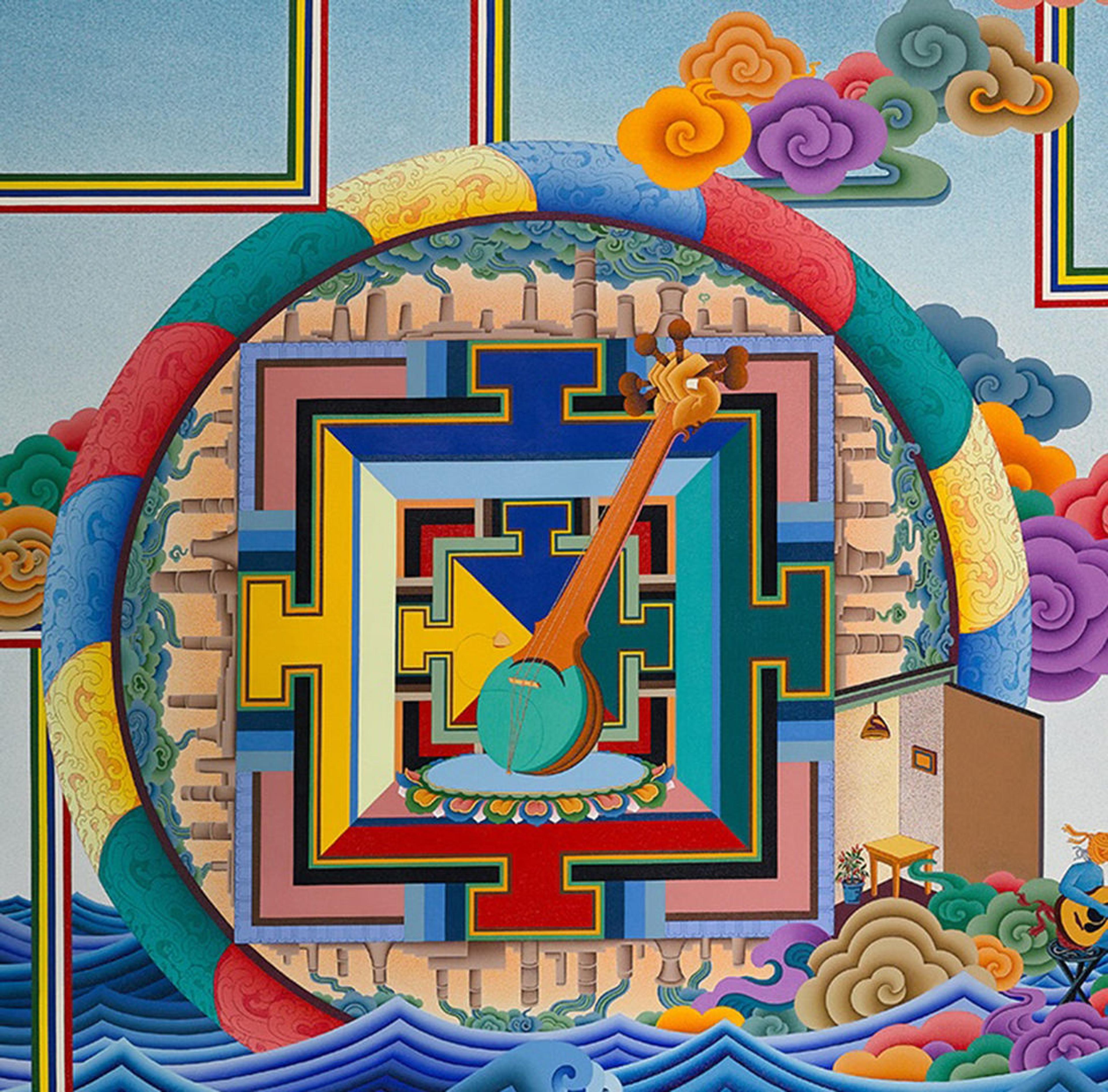 A colorful abstract artwork featuring geometric shapes, a central mandala-like structure, a hand holding a scepter, and vibrant clouds. A small house in the bottom right is surrounded by waves.