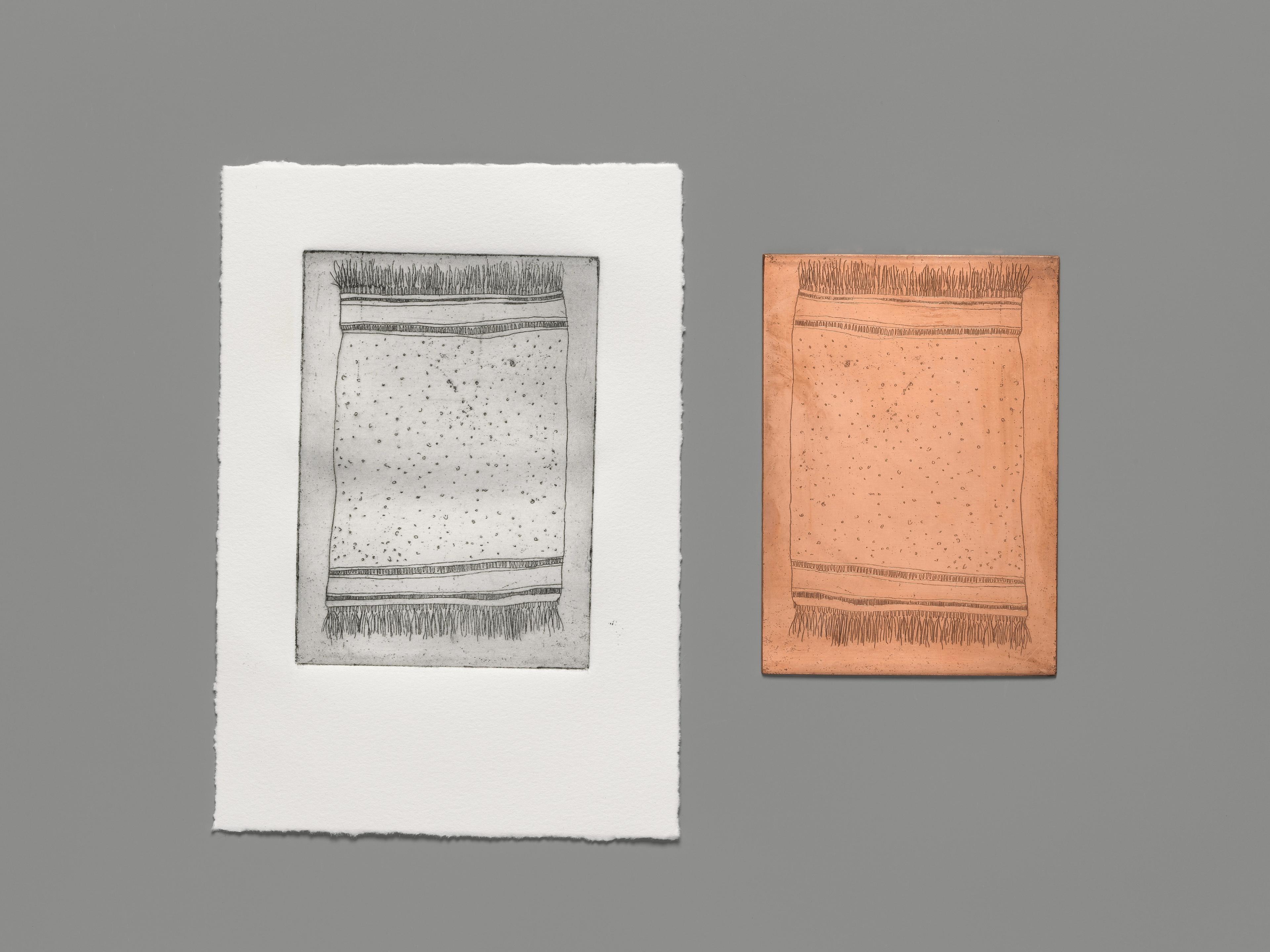 Image of a completed etching (left) next to its plate (right).