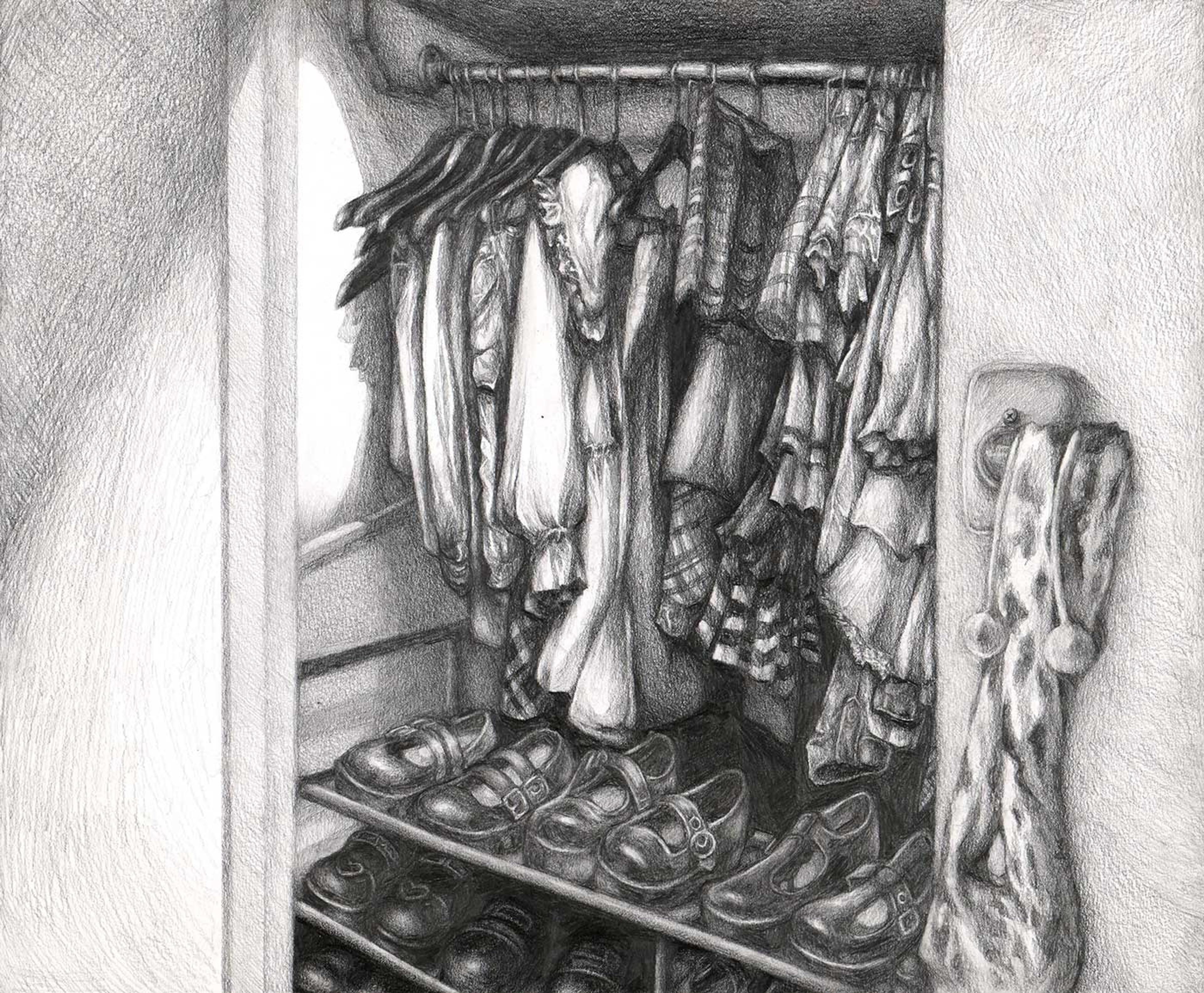 Pencil drawing of a closet with clothes hanging on top and shoes lined up on the bottom.